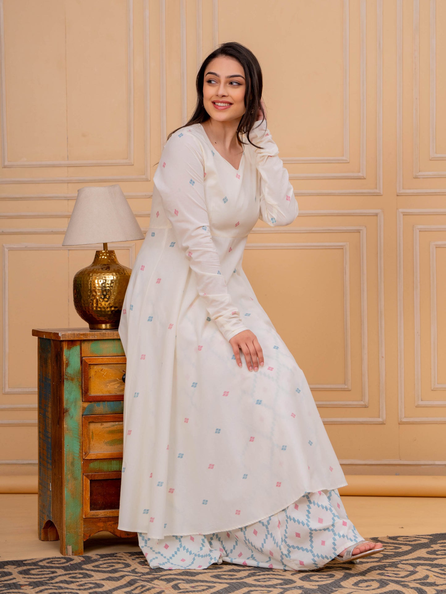Soft Cotton Butti Anarkali Cream Kurta