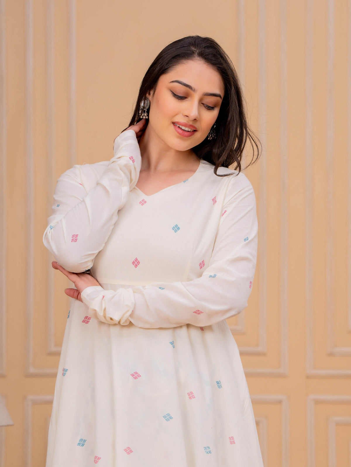 Soft Cotton Butti Anarkali Cream Kurta