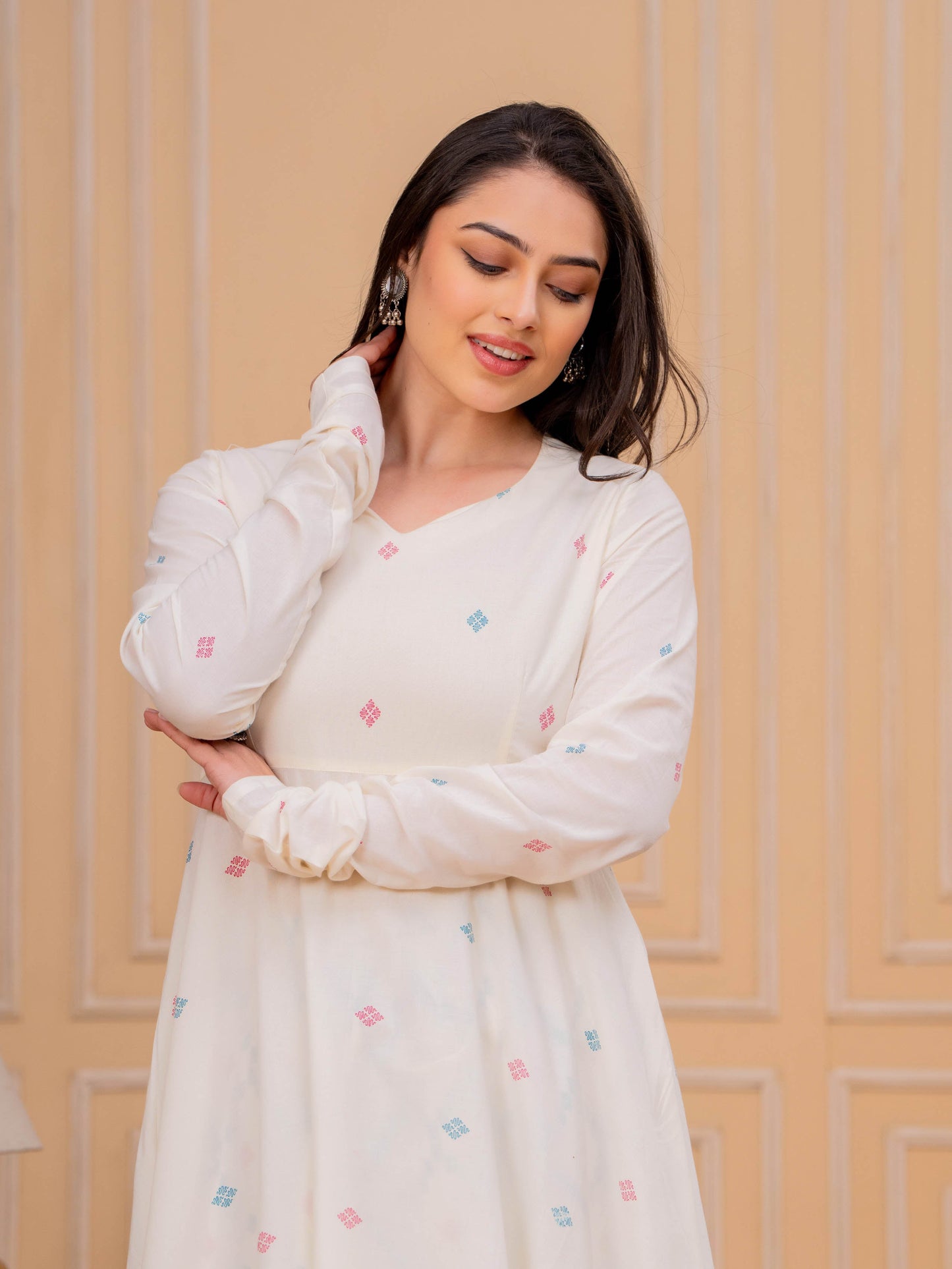 Soft Cotton Butti Anarkali Cream Kurta