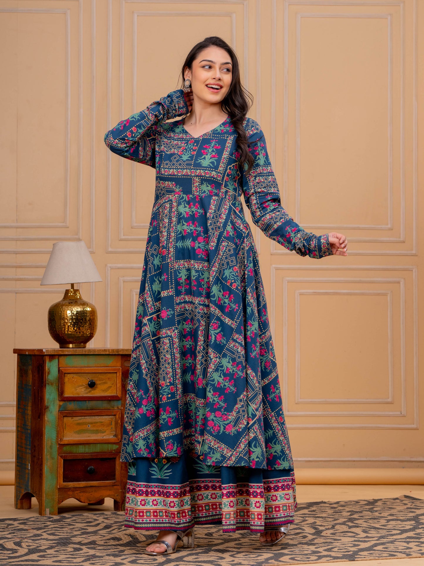 Soft Cotton Floral Anarkali Blue Kurta