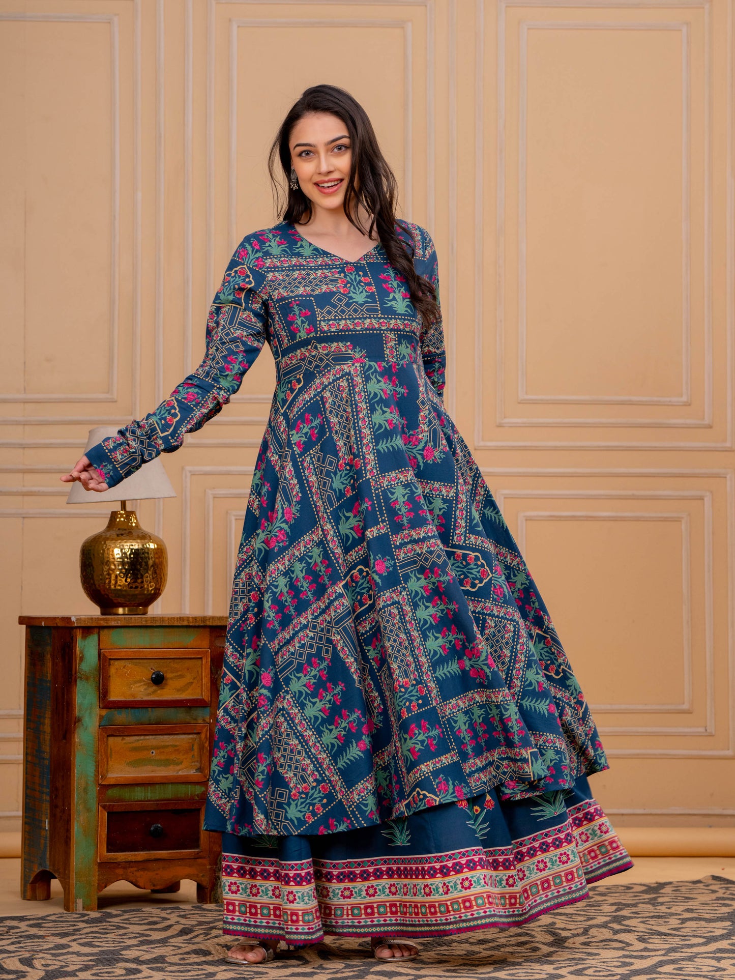 Soft Cotton Floral Anarkali Blue Kurta