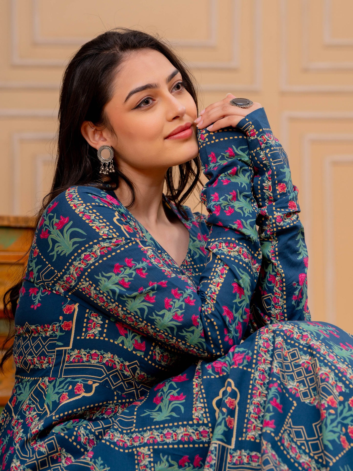 Soft Cotton Floral Anarkali Blue Kurta