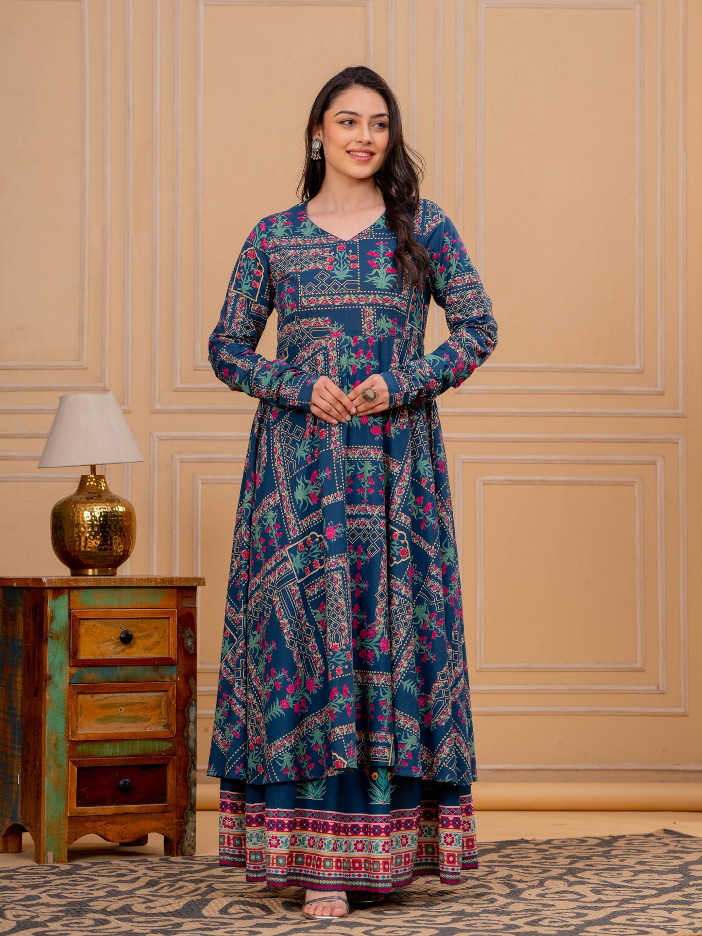 Soft Cotton Floral Anarkali Blue Kurta