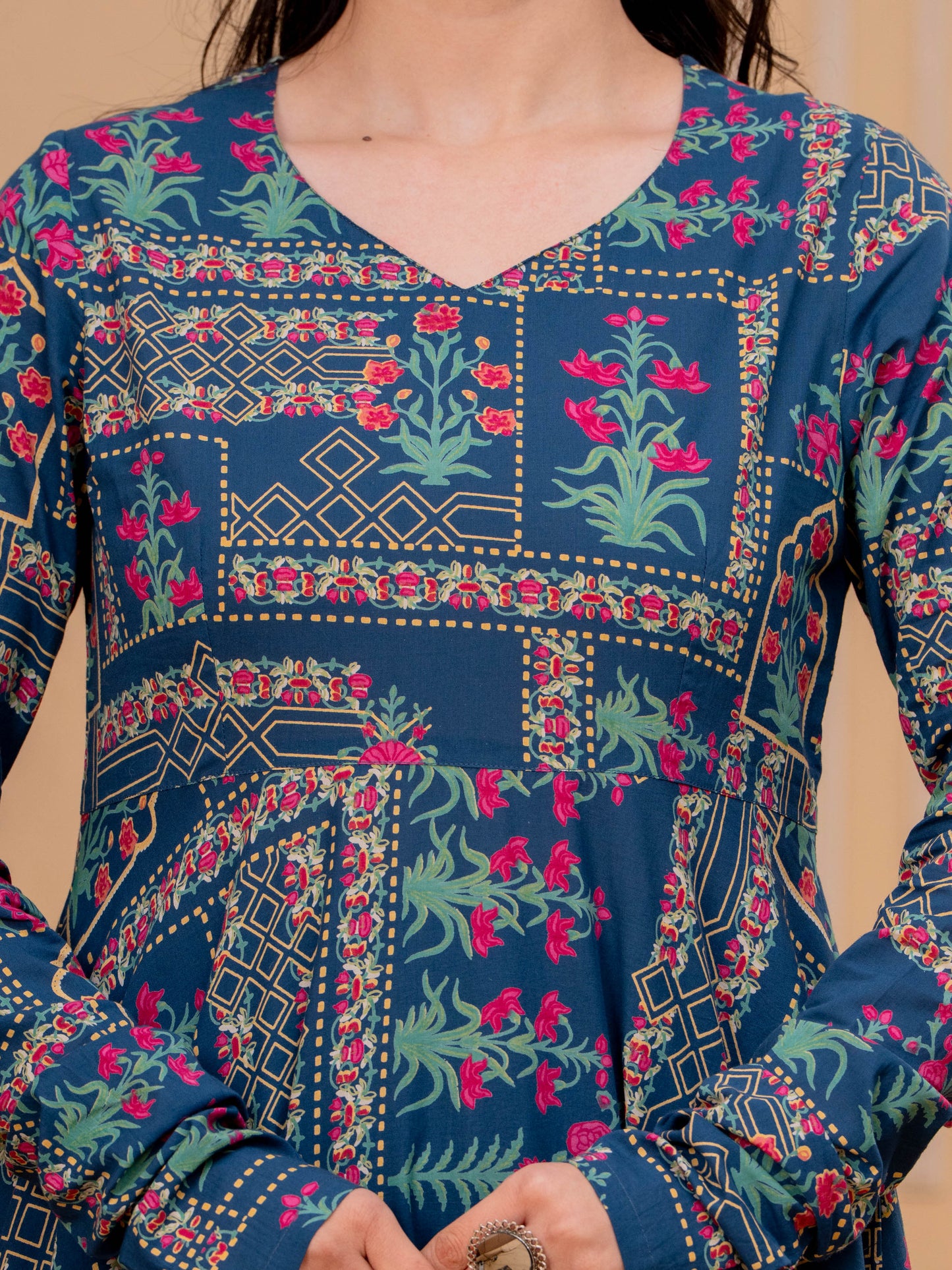 Soft Cotton Floral Anarkali Blue Kurta