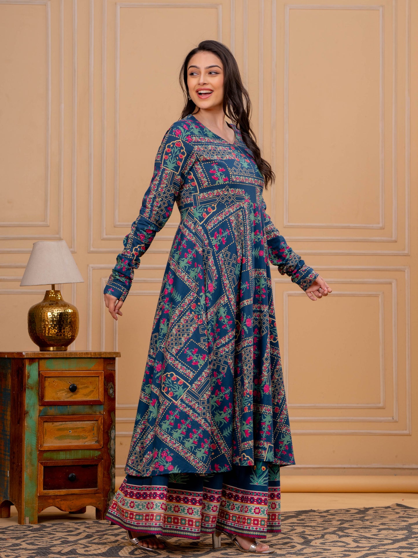 Soft Cotton Floral Anarkali Blue Kurta