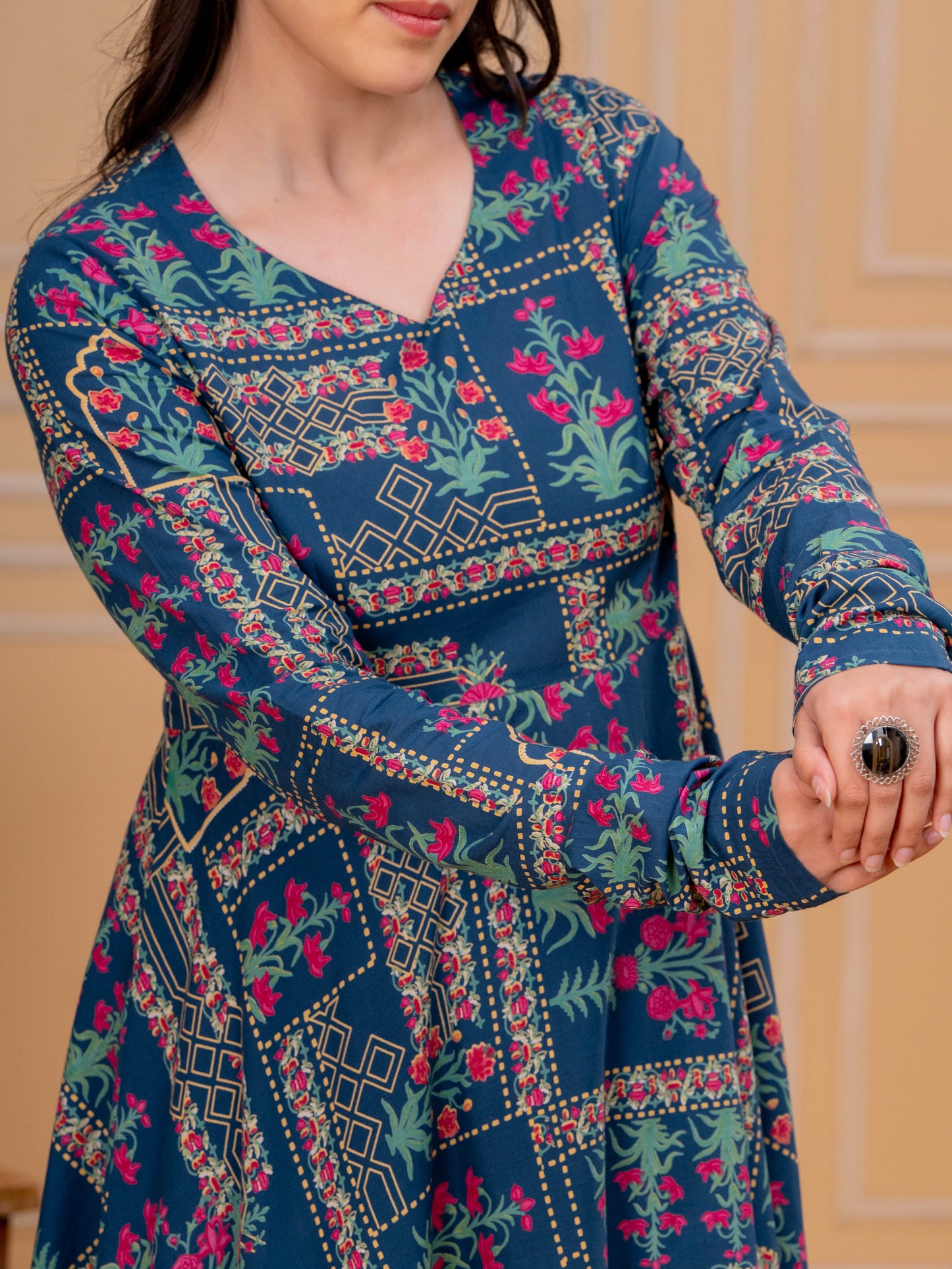 Soft Cotton Floral Anarkali Blue Kurta