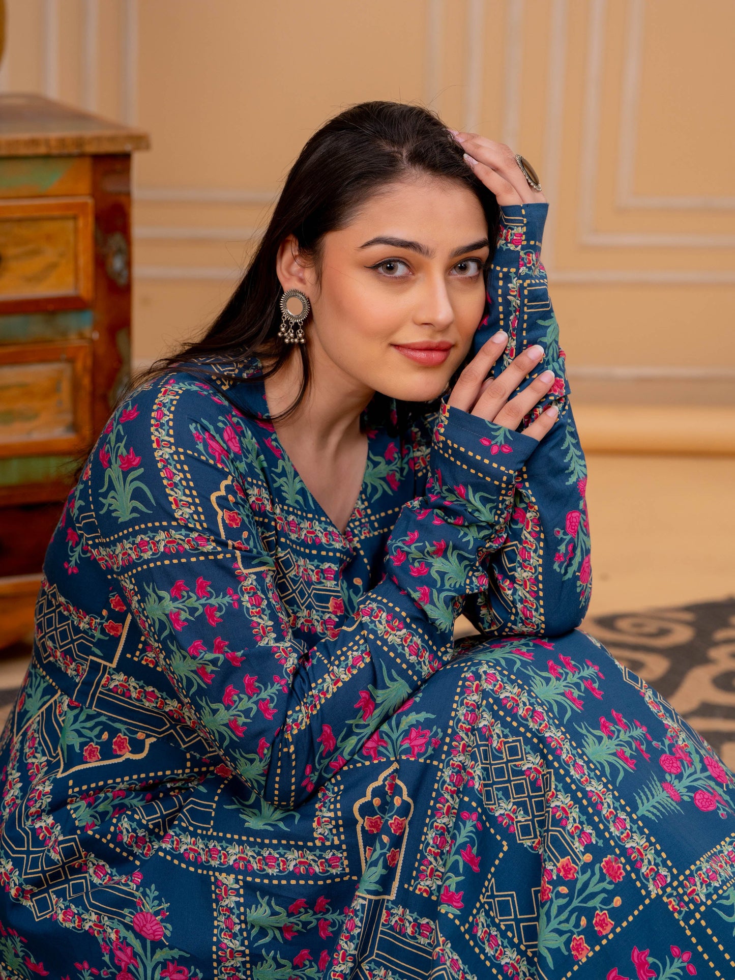 Soft Cotton Floral Anarkali Blue Kurta