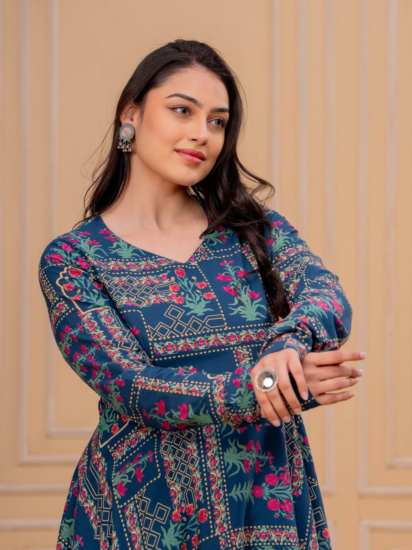Soft Cotton Floral Anarkali Blue Kurta