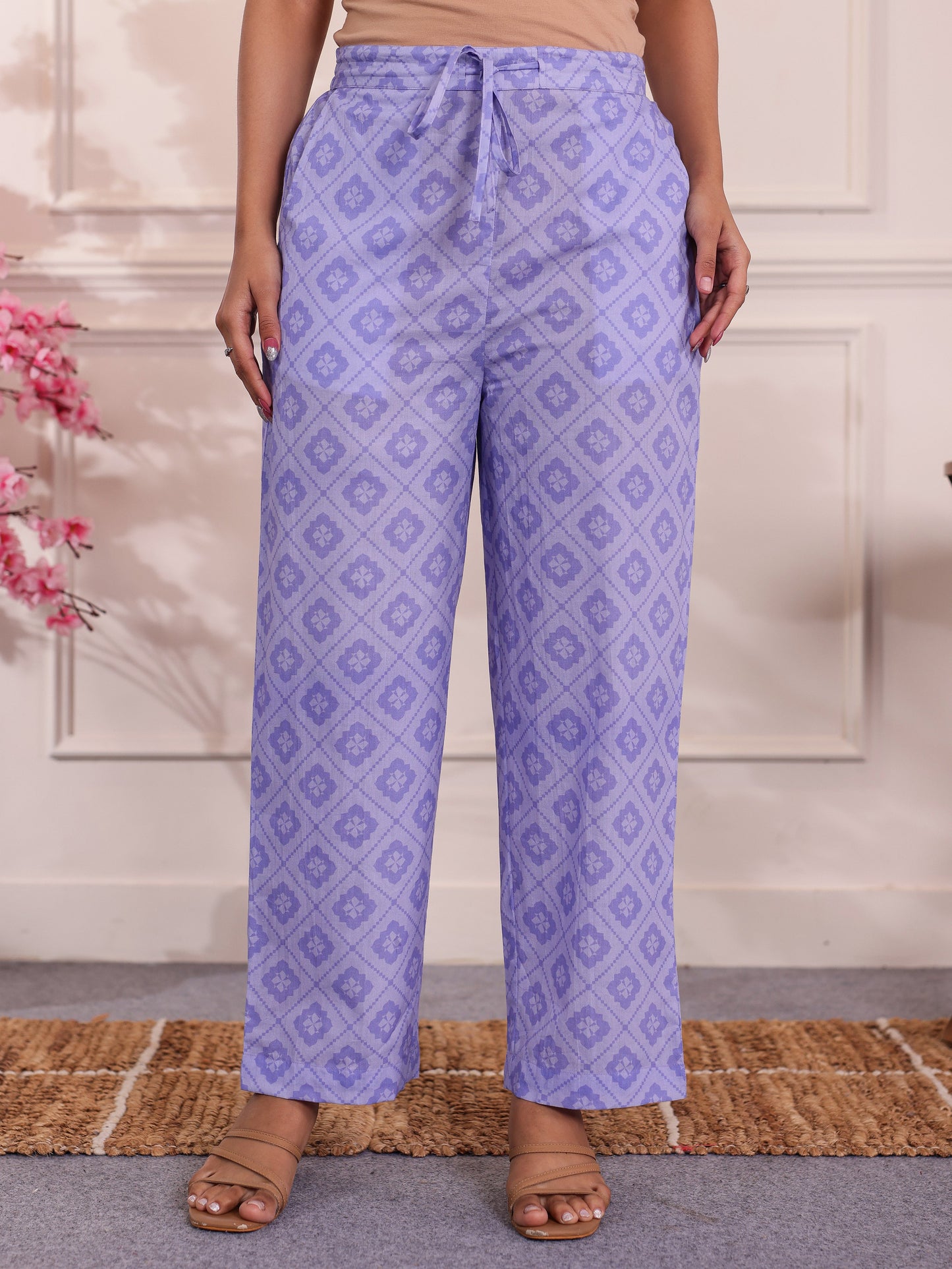 Soft Cotton Geometric Purple Straight Trousers