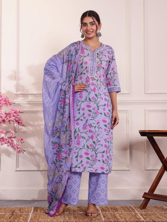 Cotton Voile Floral Purple Dupatta