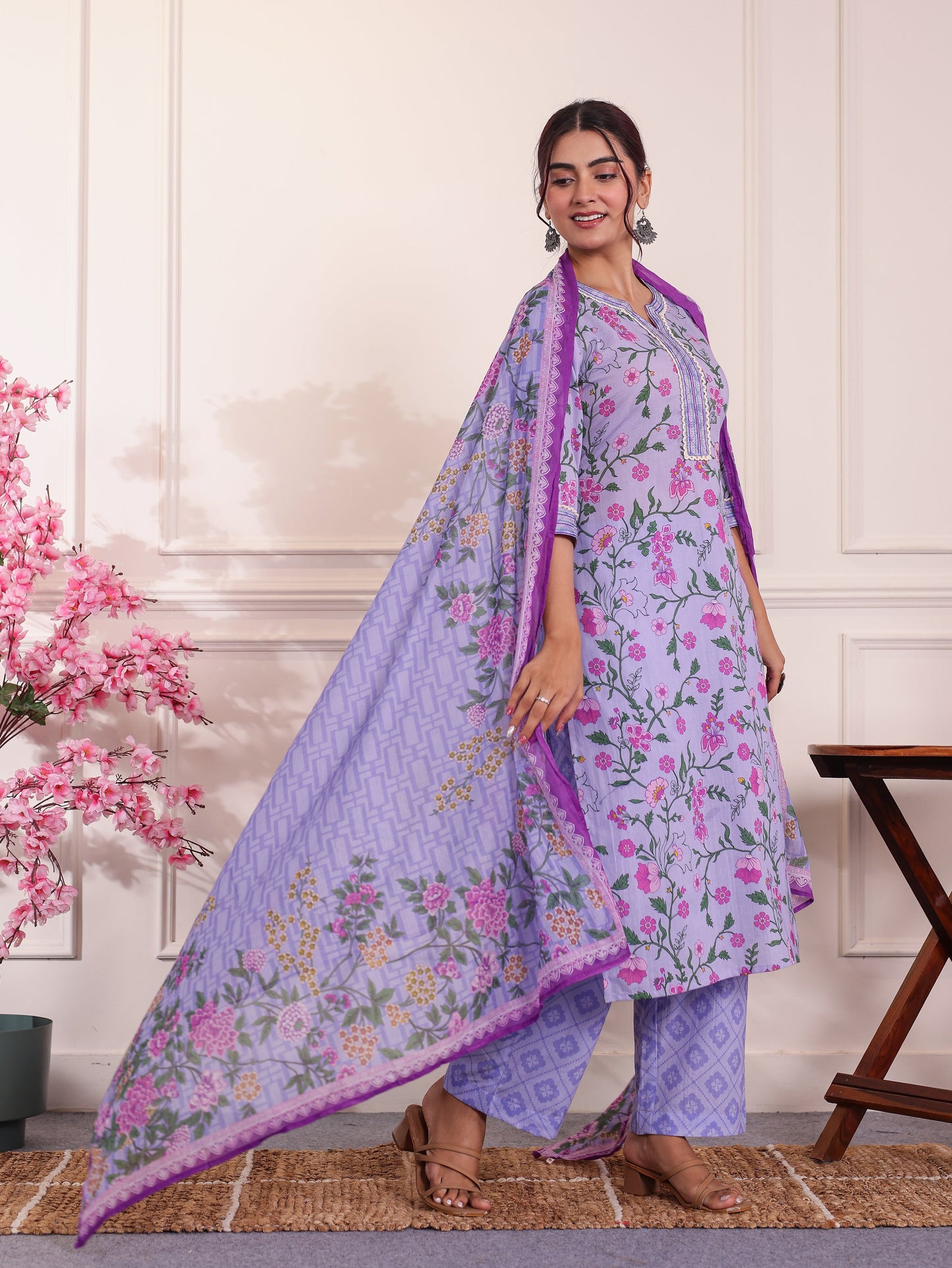 Cotton Voile Floral Purple Dupatta