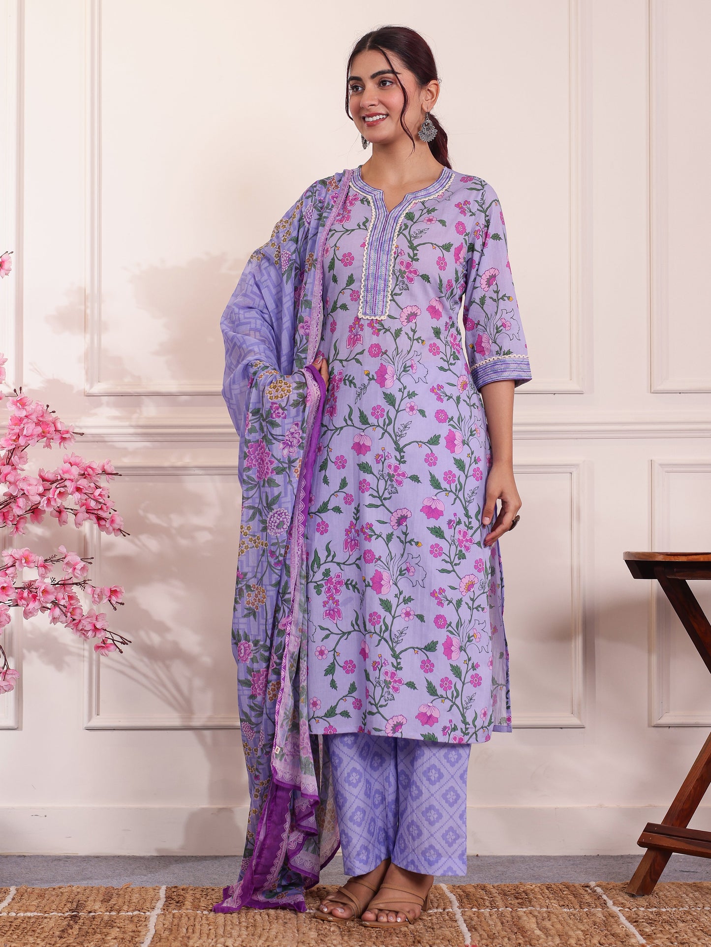Embroidered Soft Cotton Solid Purple Kurta