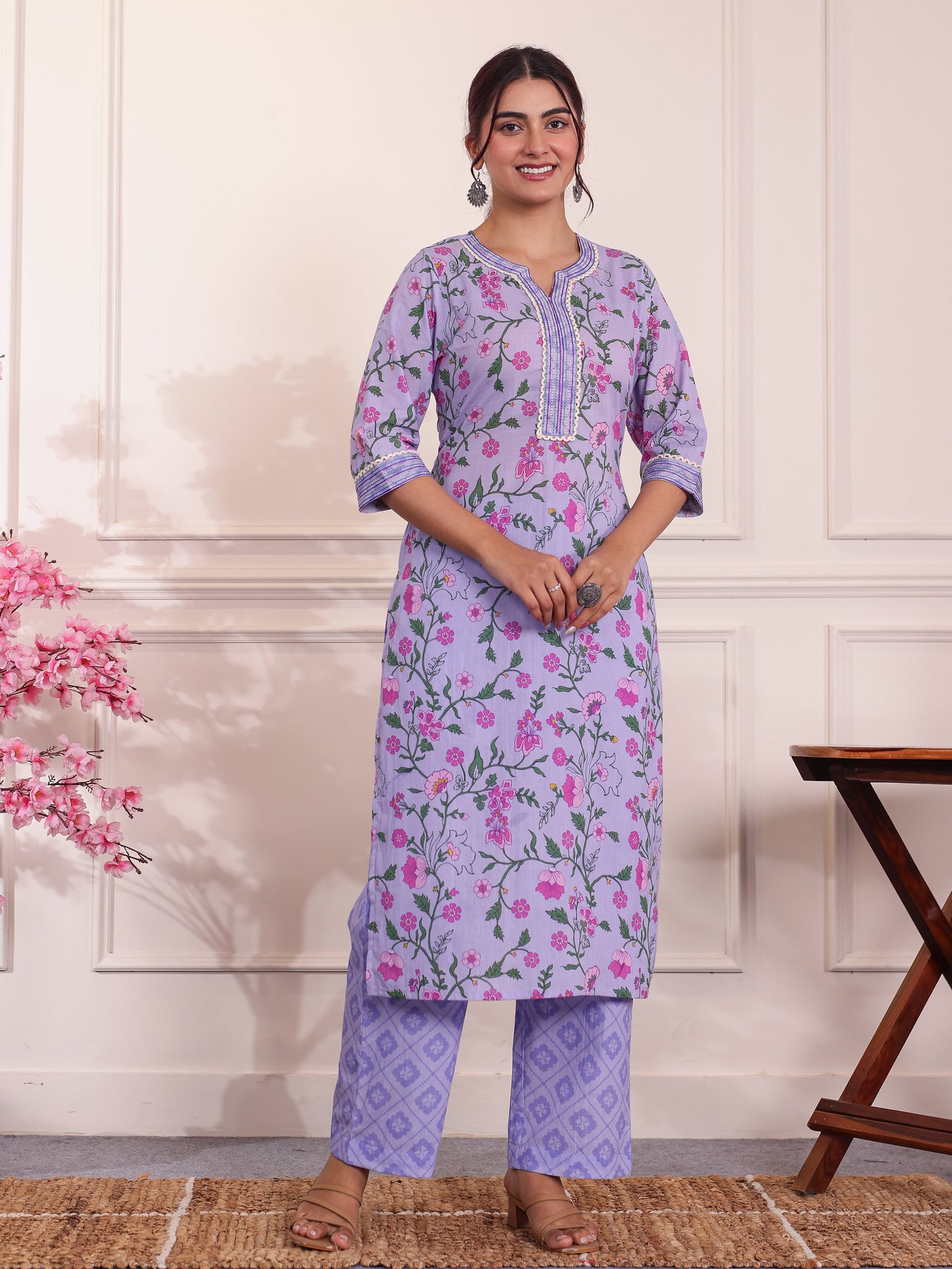 Embroidered Soft Cotton Solid Purple Kurta