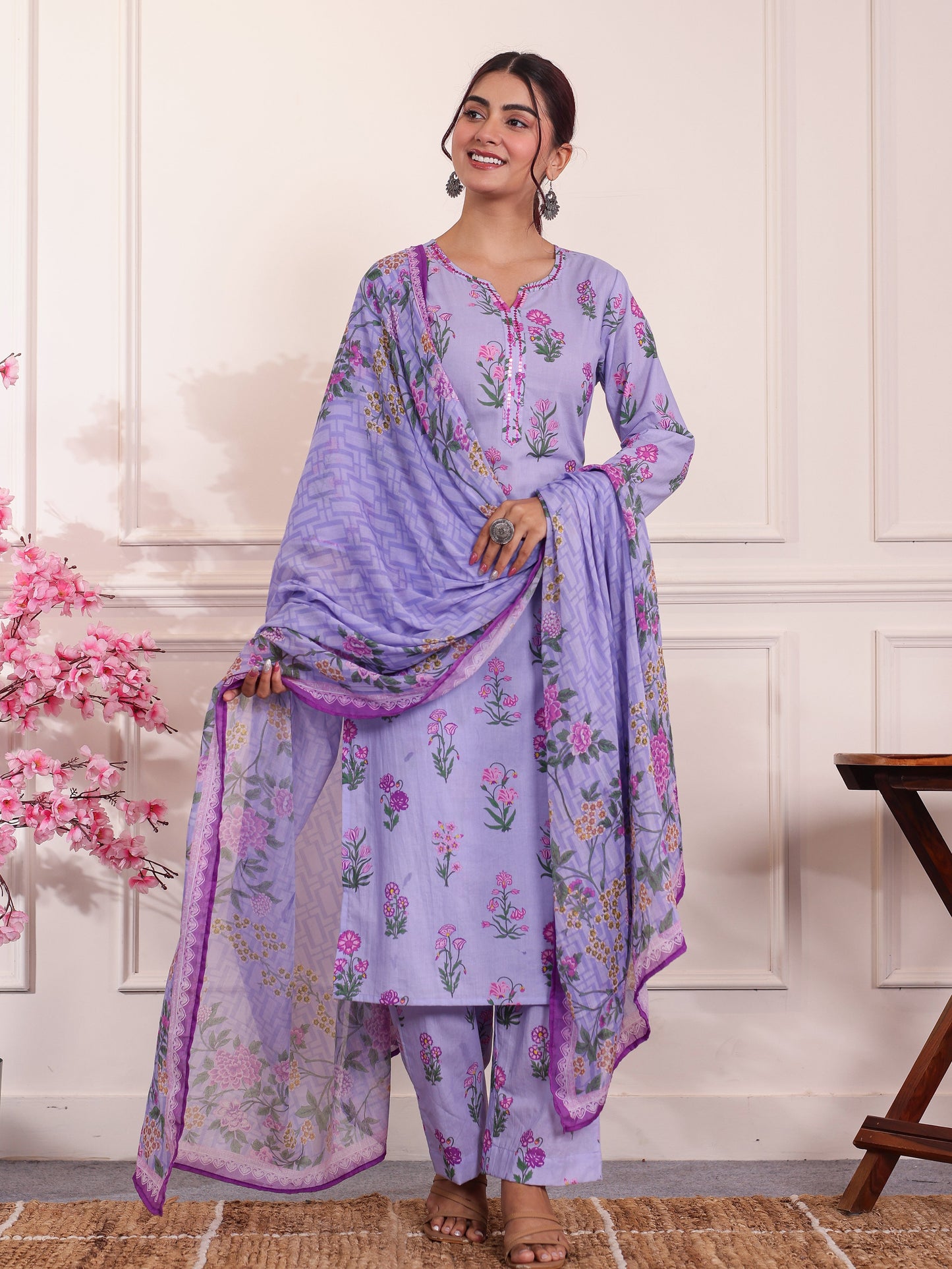 Embroidered Soft Cotton Butta Lavender Kurta