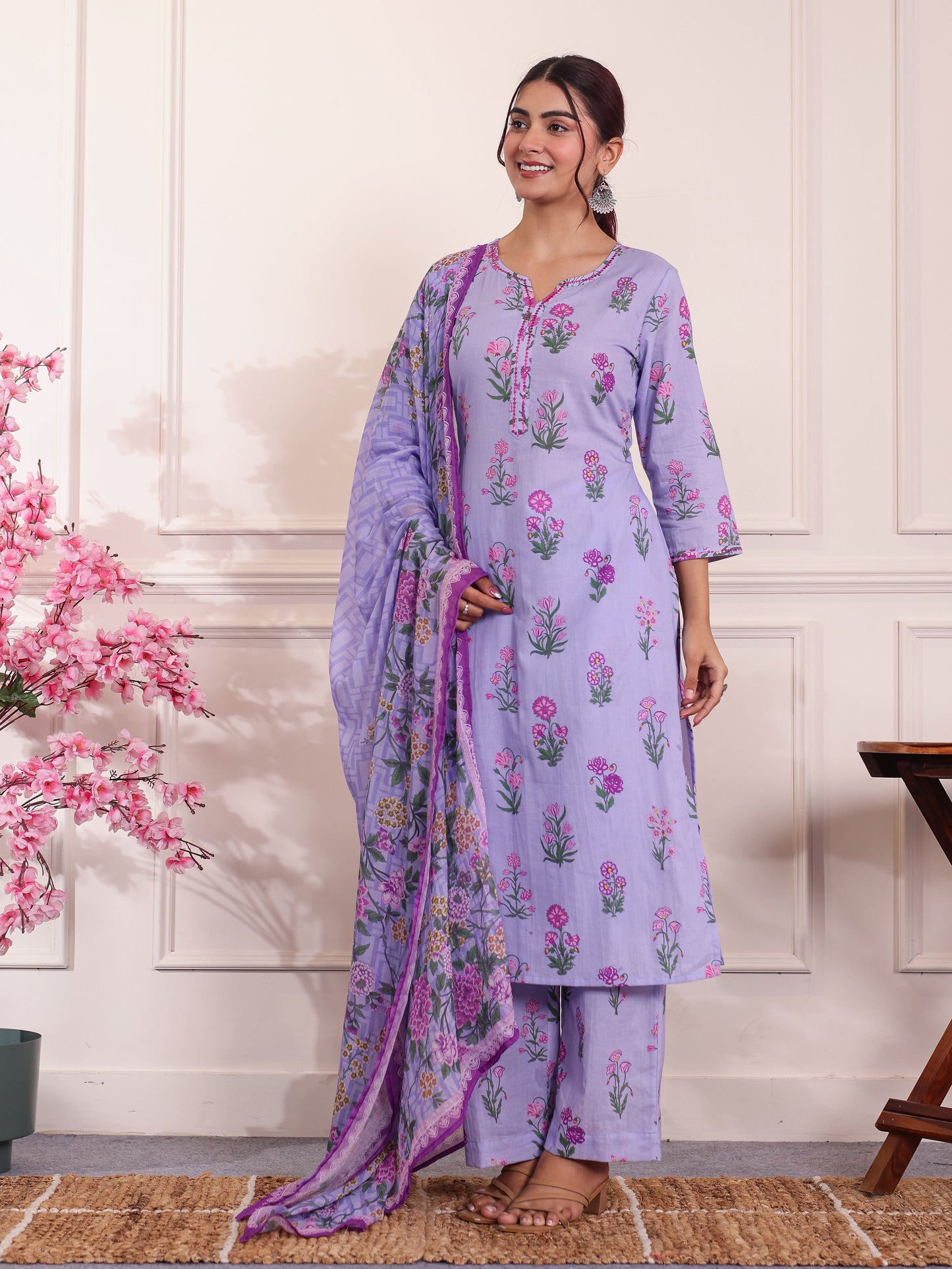 Embroidered Soft Cotton Butta Lavender Kurta