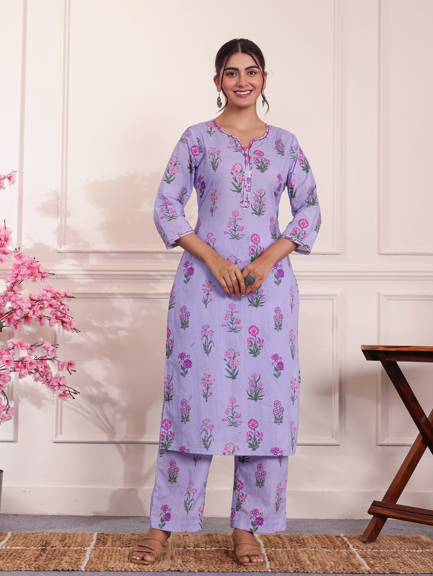 Embroidered Soft Cotton Butta Lavender Kurta