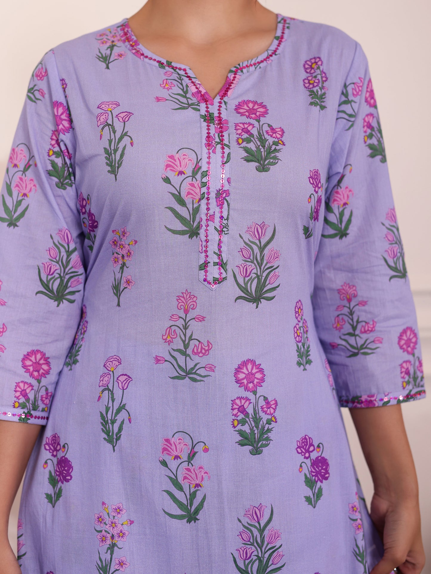 Embroidered Soft Cotton Butta Lavender Kurta