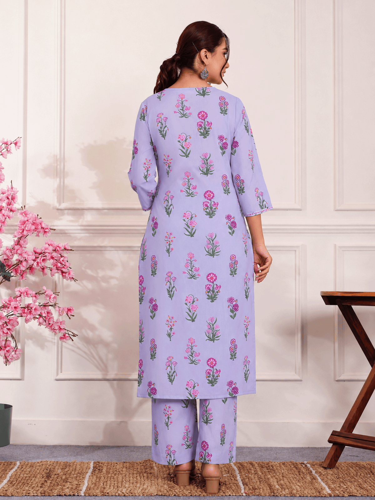 Embroidered Soft Cotton Butta Lavender Kurta