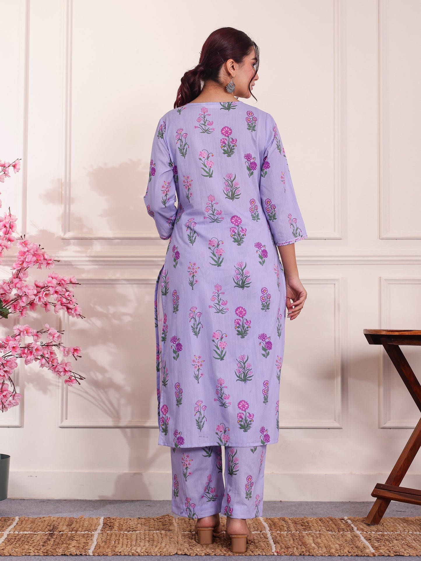 Embroidered Soft Cotton Butta Lavender Kurta