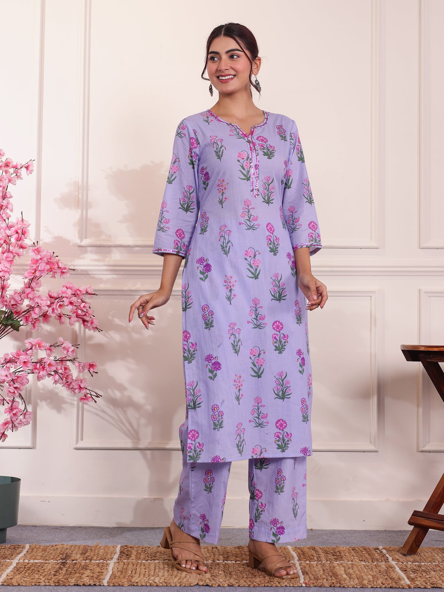 Embroidered Soft Cotton Butta Lavender Kurta