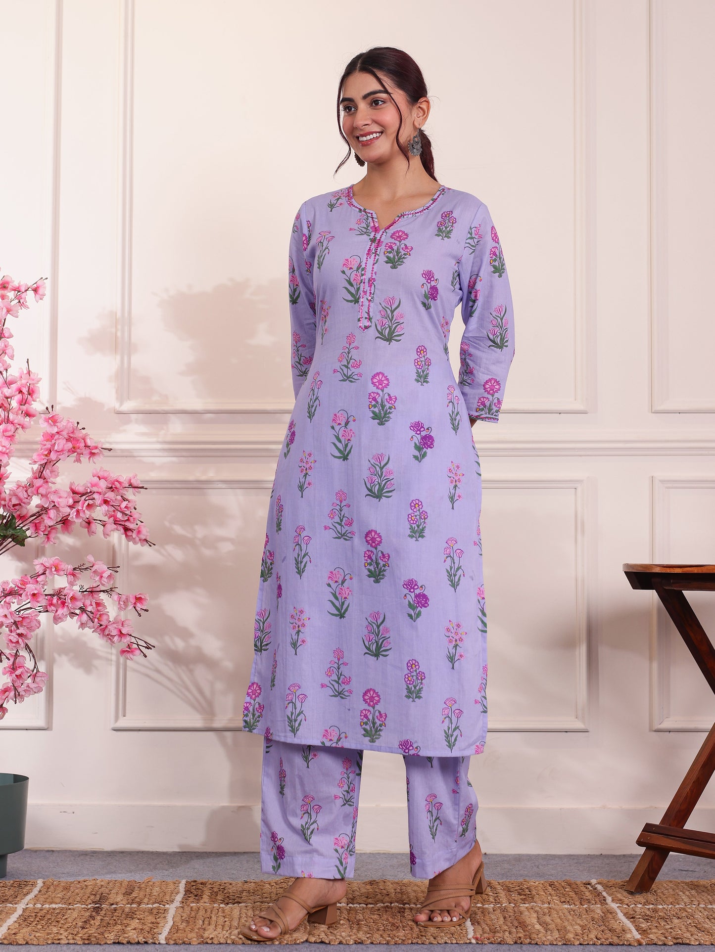 Embroidered Soft Cotton Butta Lavender Kurta