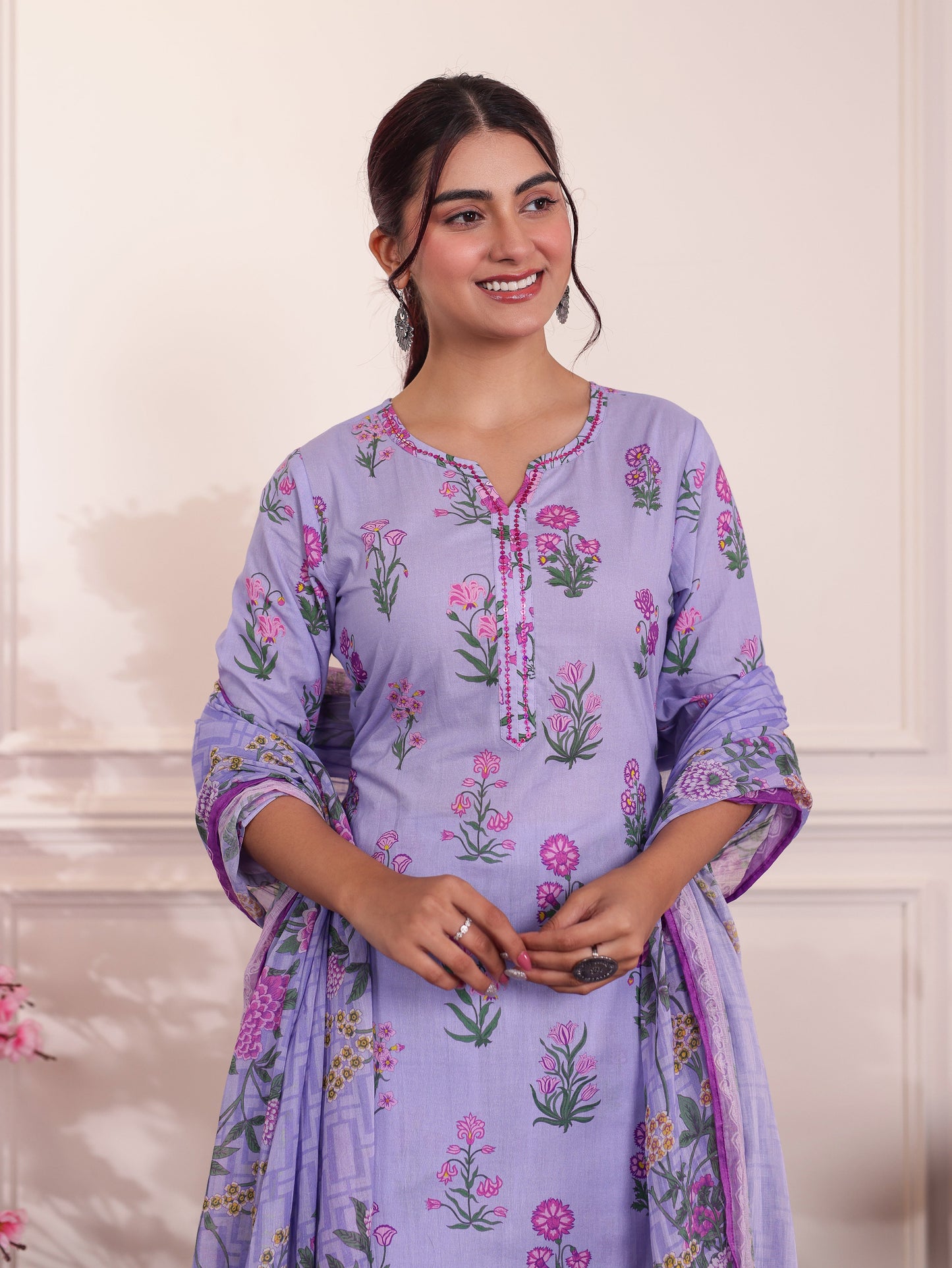 Embroidered Soft Cotton Butta Lavender Kurta