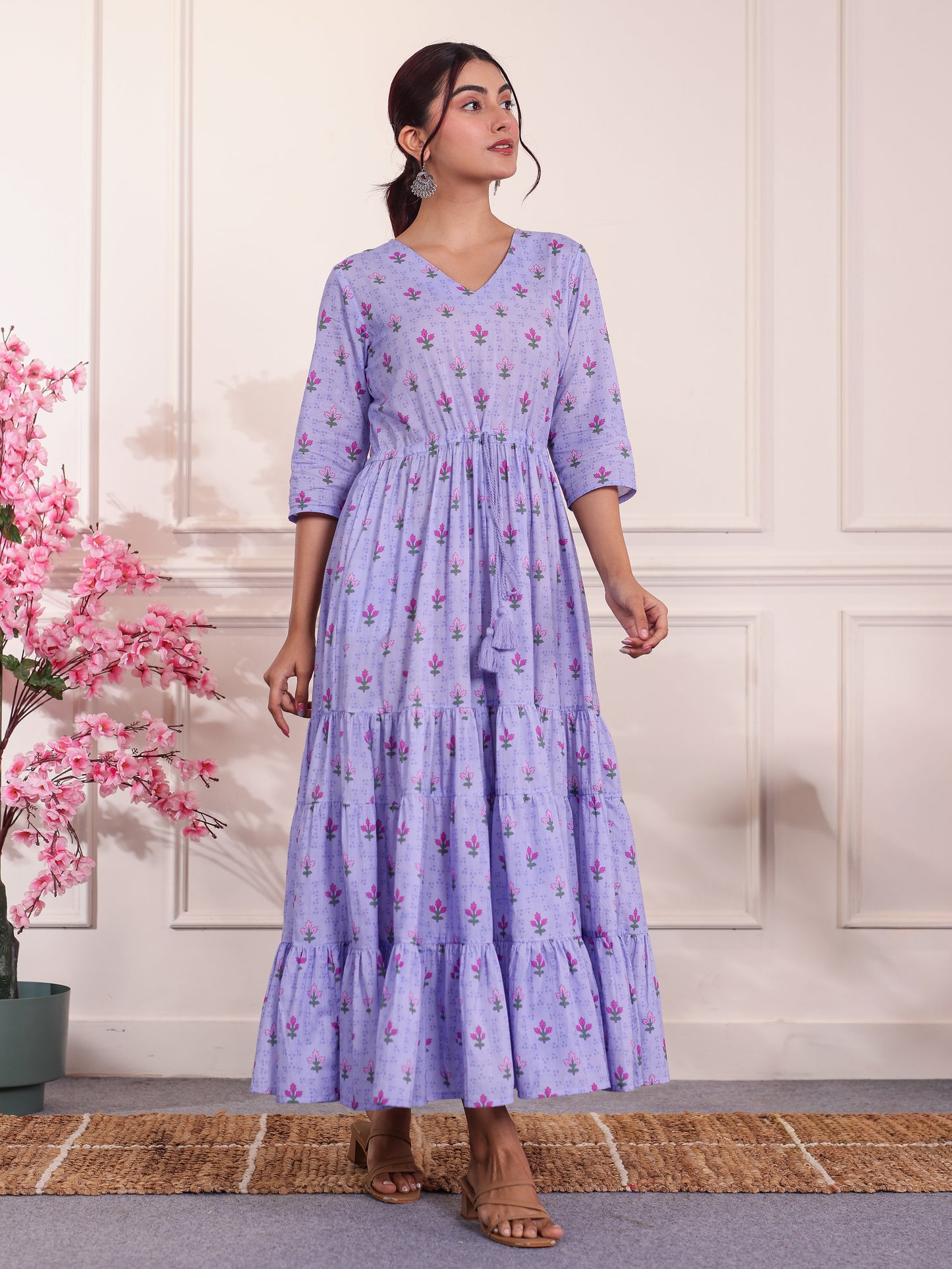 Soft Cotton Floral Anarkali Violet Dress