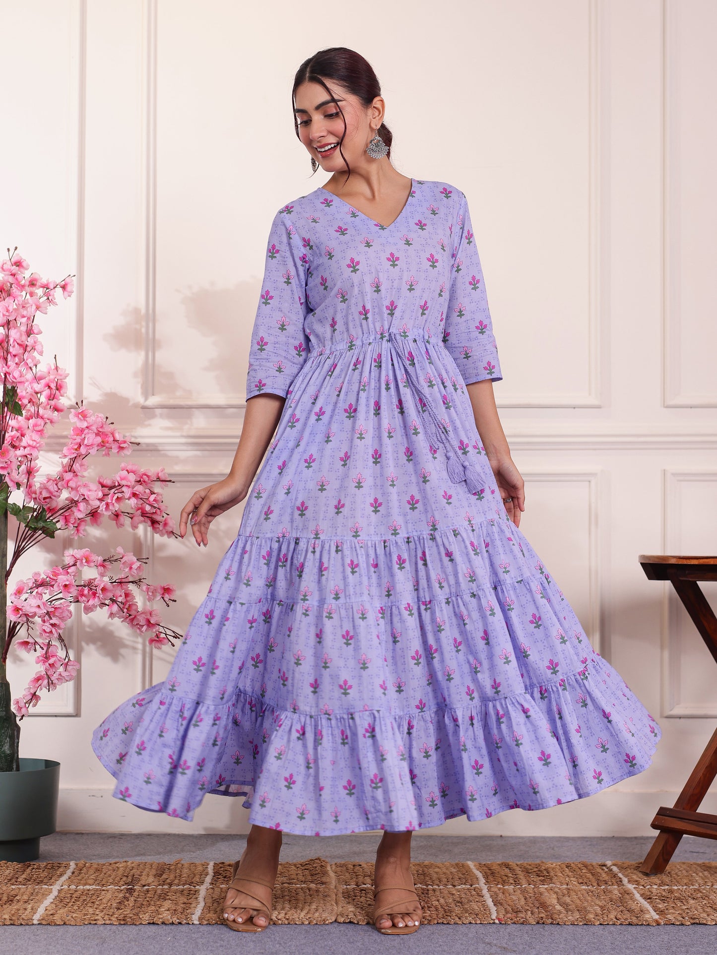 Soft Cotton Floral Anarkali Violet Dress