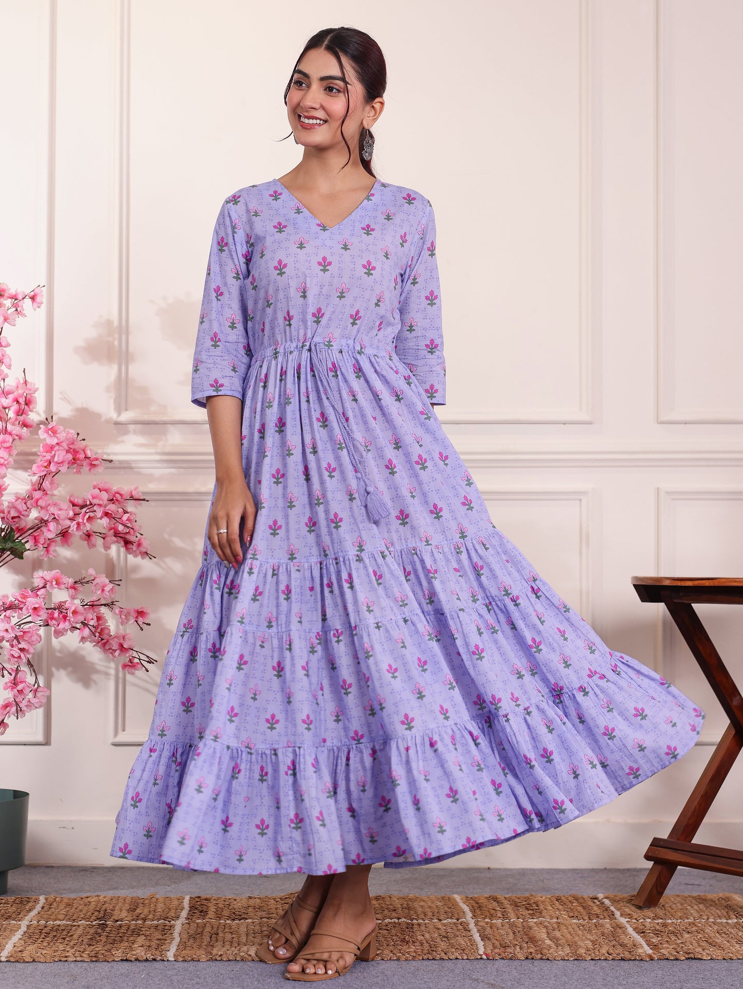 Soft Cotton Floral Anarkali Violet Dress