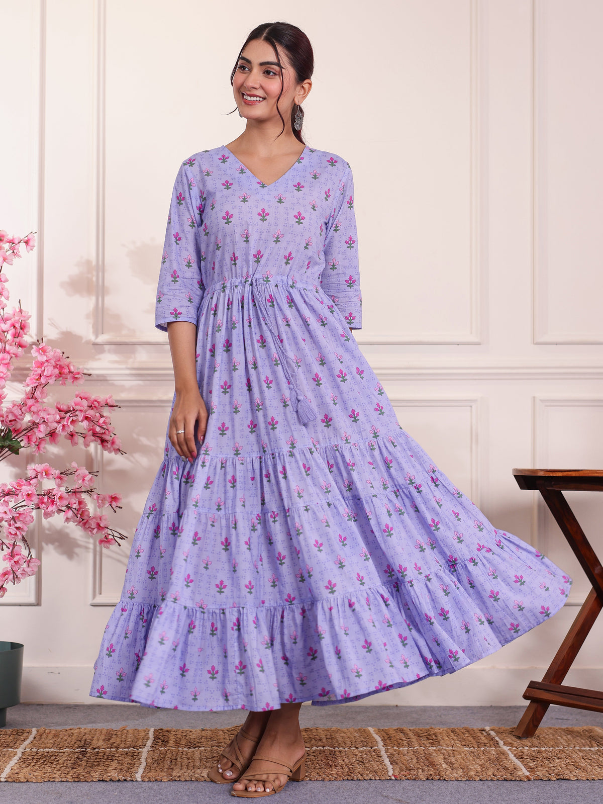Soft Cotton Floral Anarkali Violet Dress