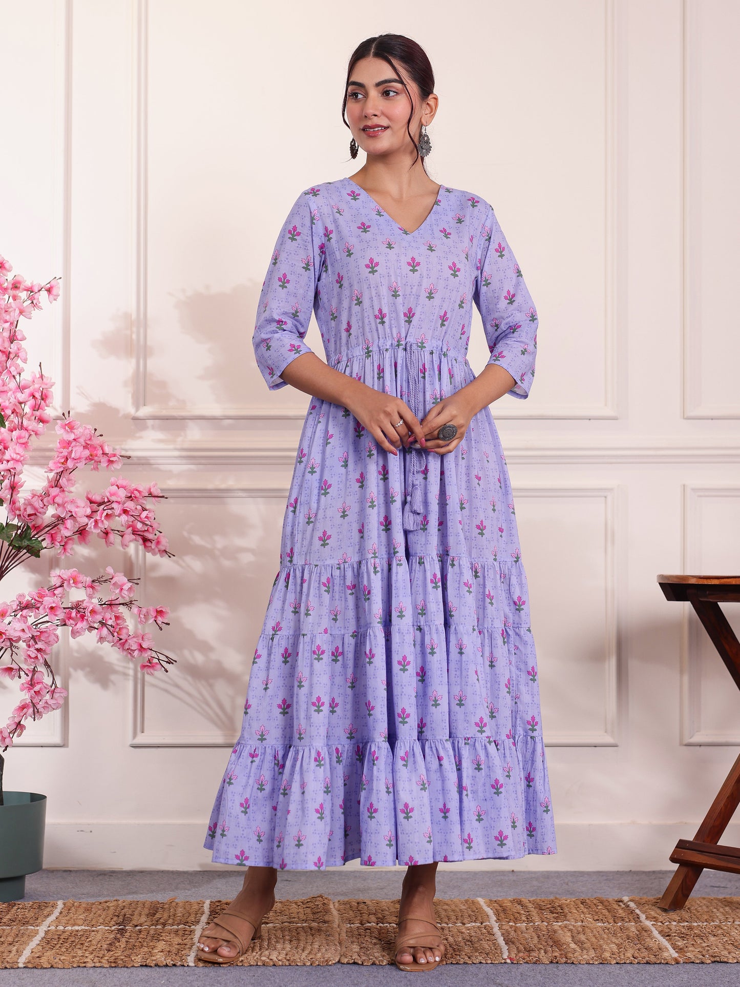 Soft Cotton Floral Anarkali Violet Dress