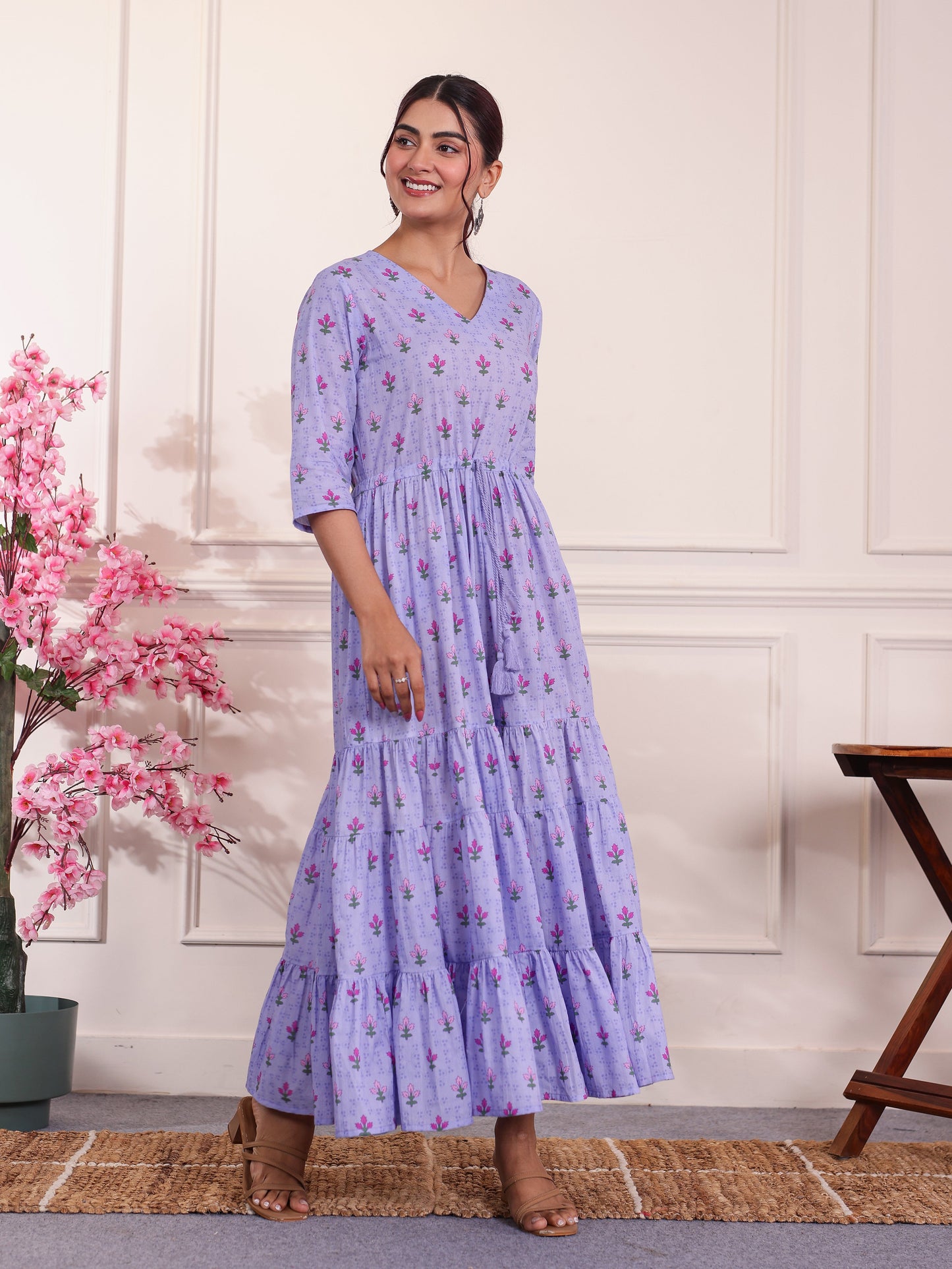 Soft Cotton Floral Anarkali Violet Dress