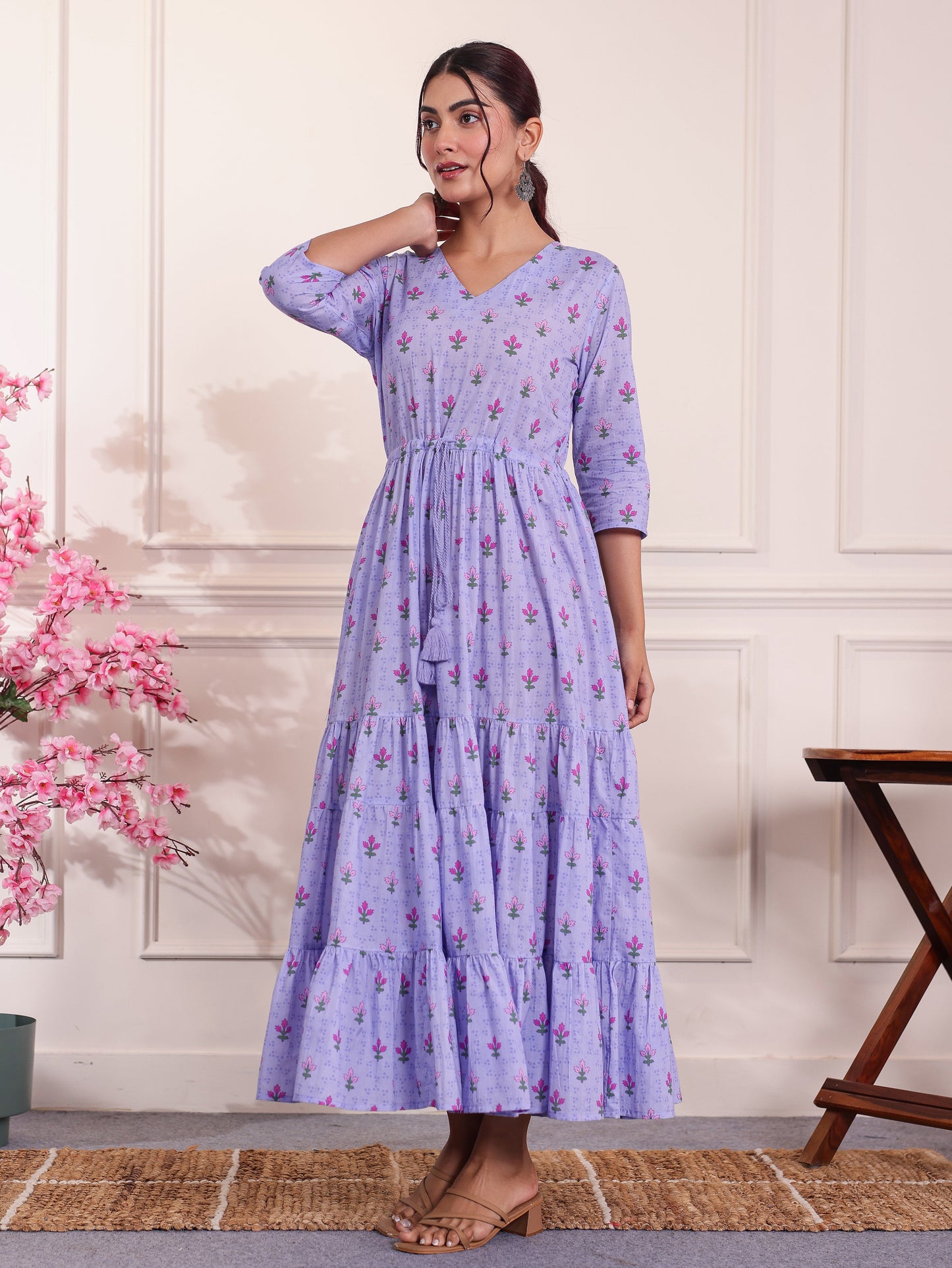 Soft Cotton Floral Anarkali Violet Dress
