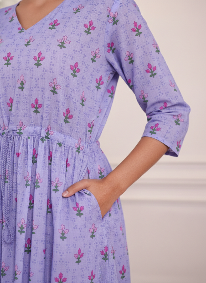 Soft Cotton Floral Anarkali Violet Dress