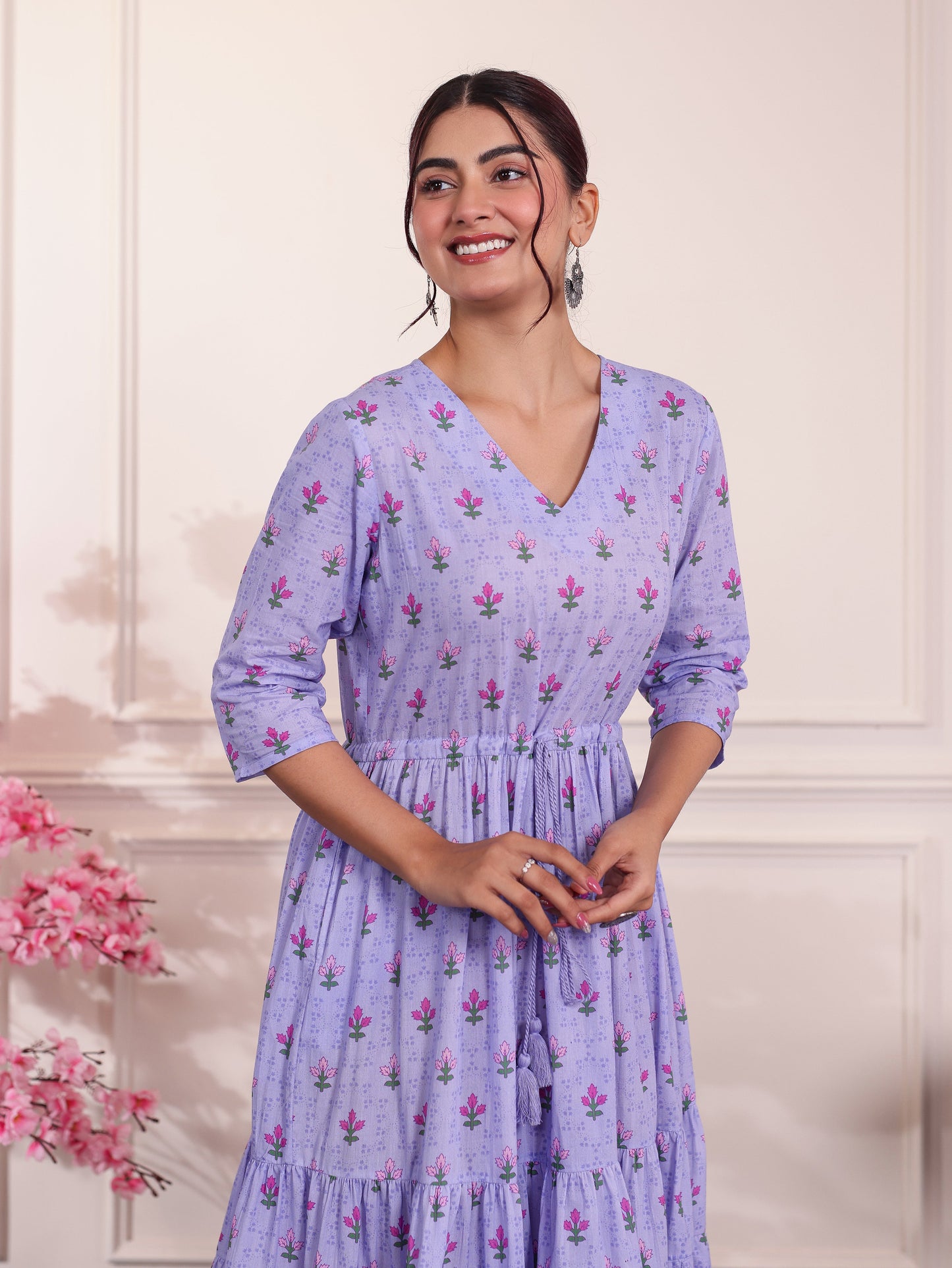 Soft Cotton Floral Anarkali Violet Dress