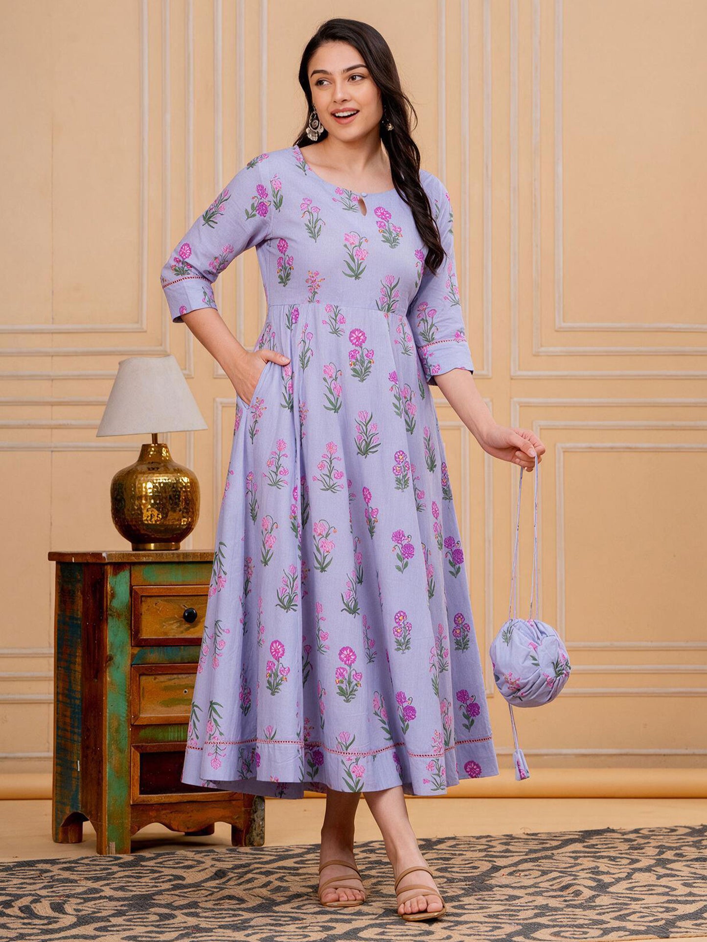 Soft Cotton Floral Anarkali Violet Dress