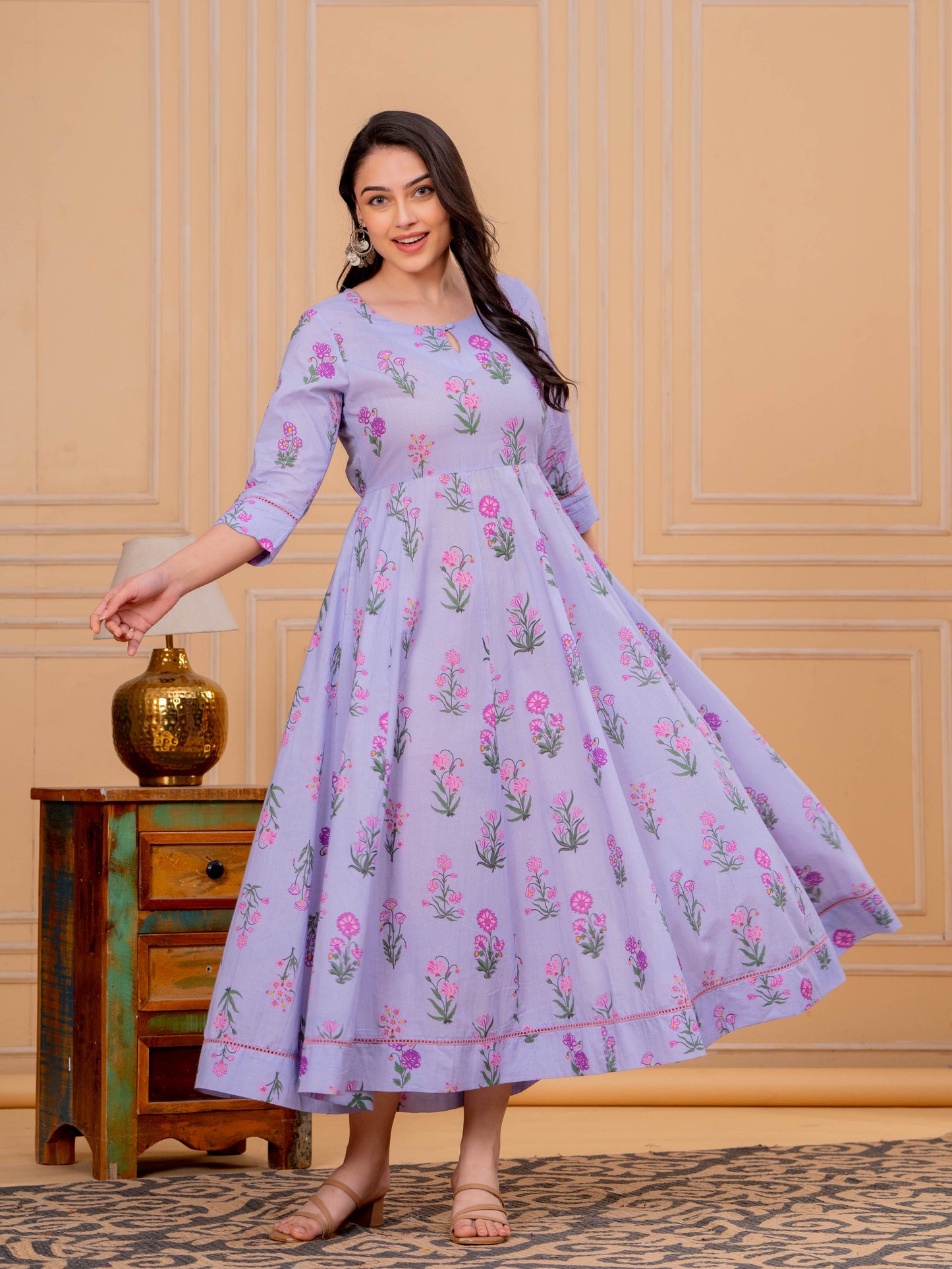 Soft Cotton Floral Anarkali Violet Dress