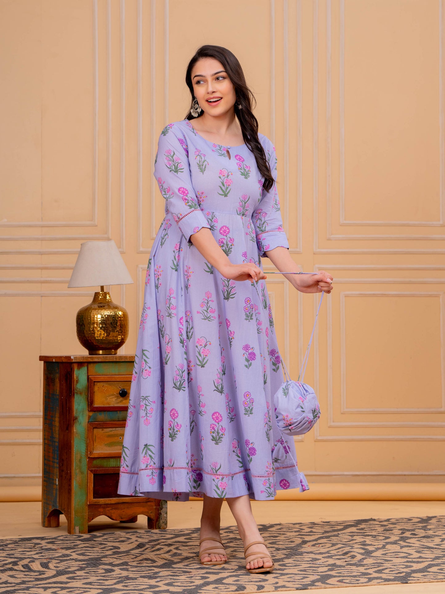 Soft Cotton Floral Anarkali Violet Dress