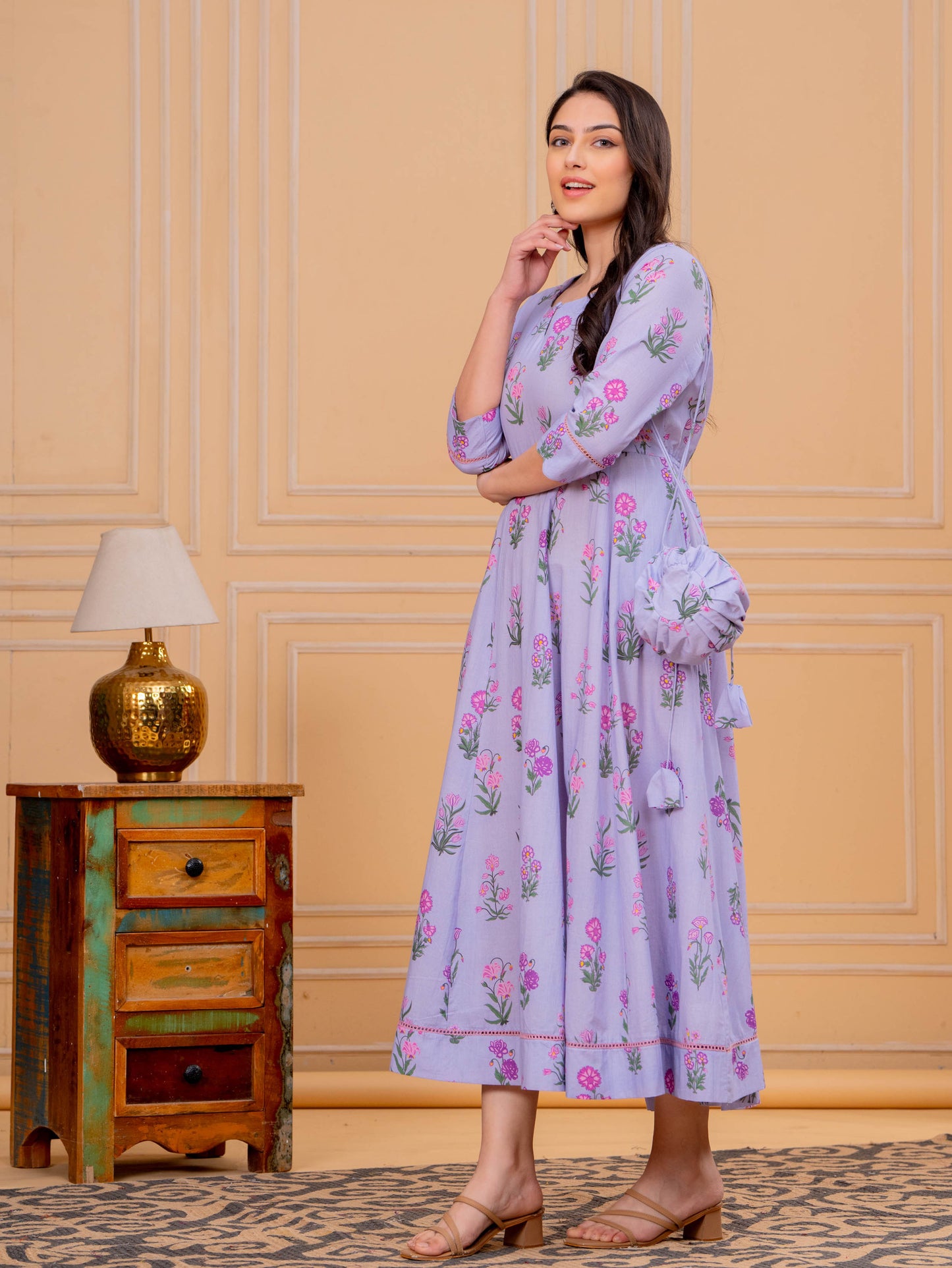 Soft Cotton Floral Anarkali Violet Dress