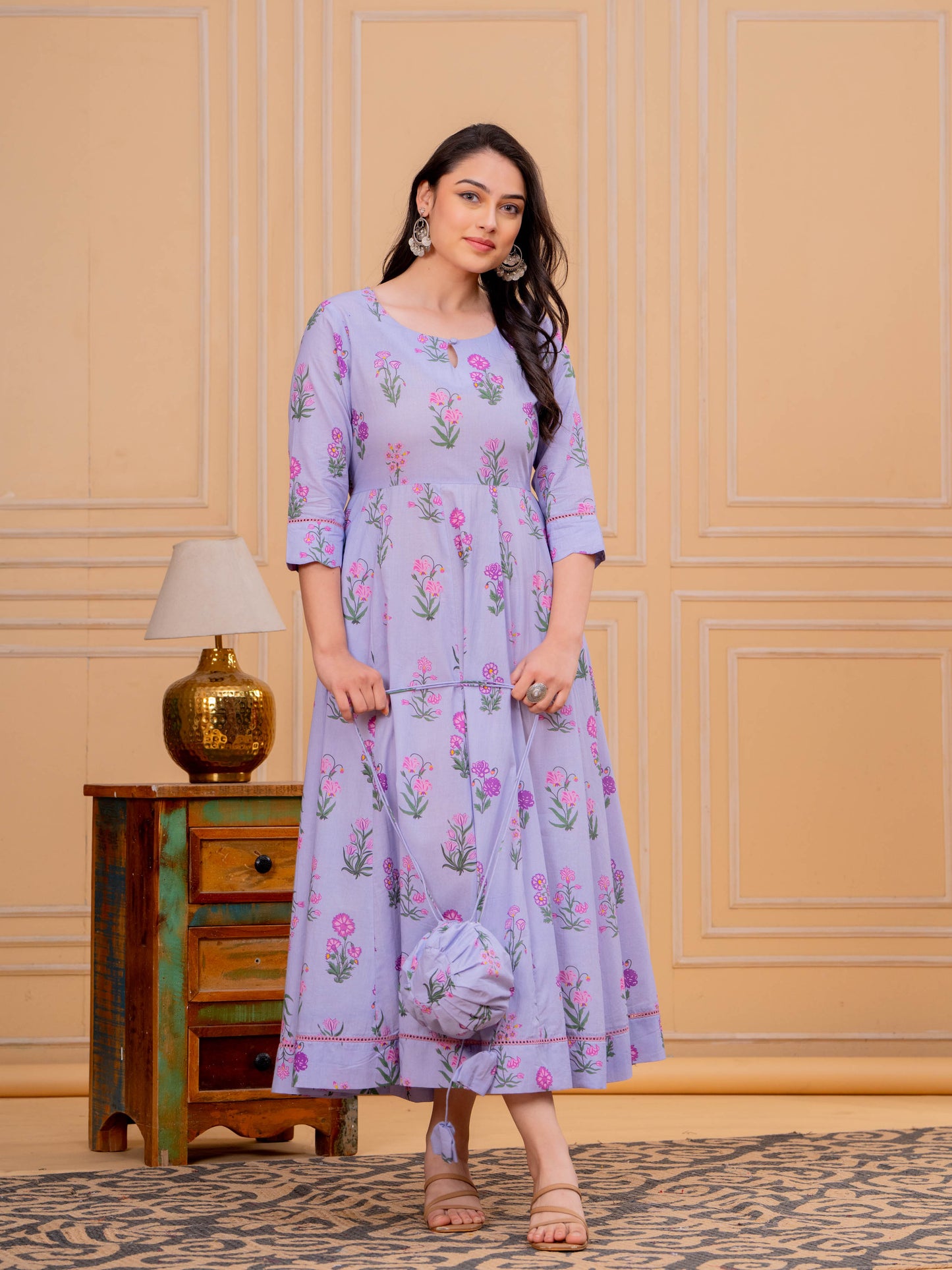 Soft Cotton Floral Anarkali Violet Dress