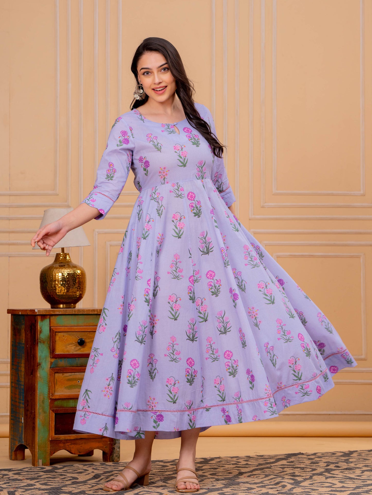 Soft Cotton Floral Anarkali Violet Dress