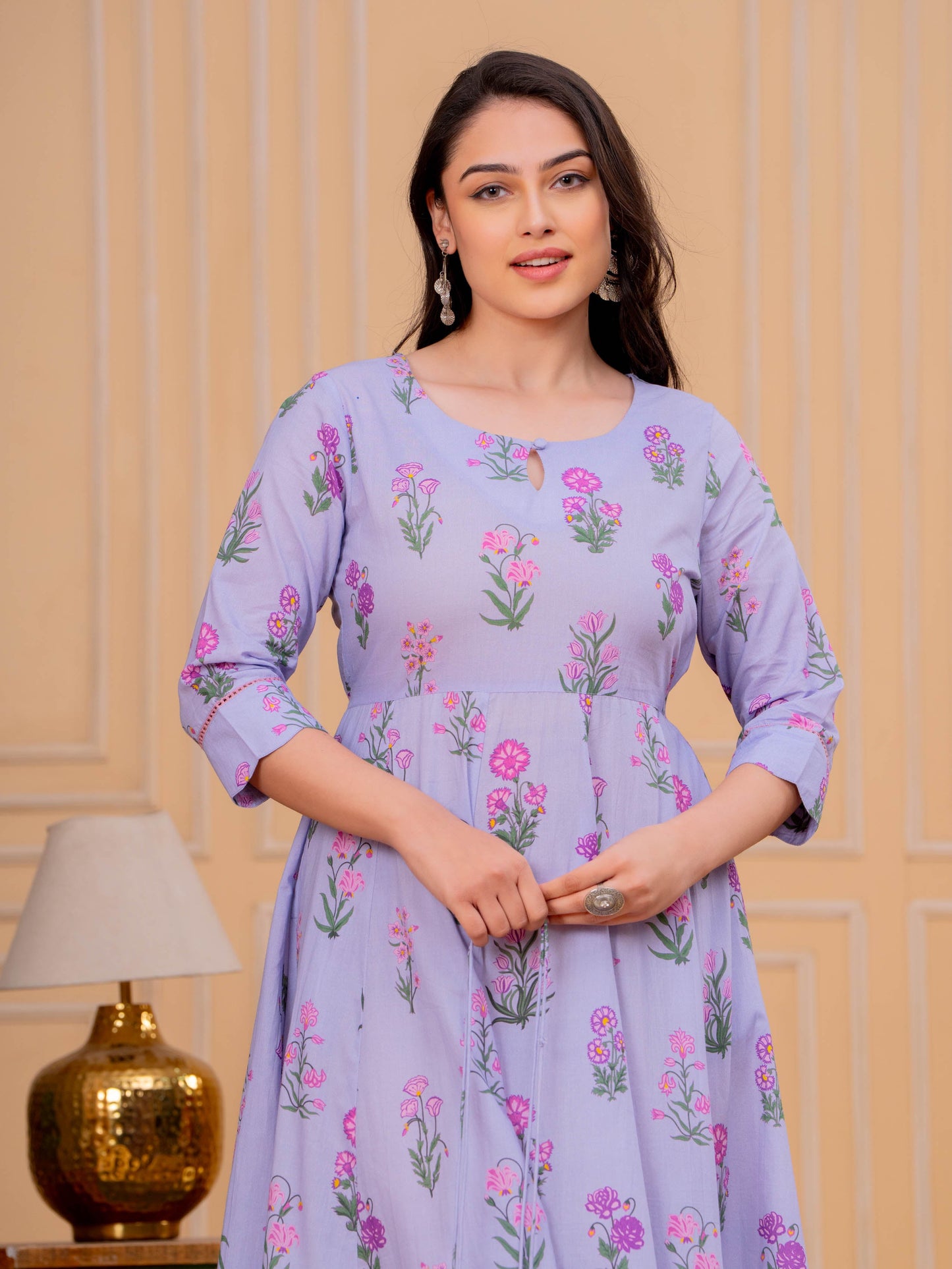 Soft Cotton Floral Anarkali Violet Dress