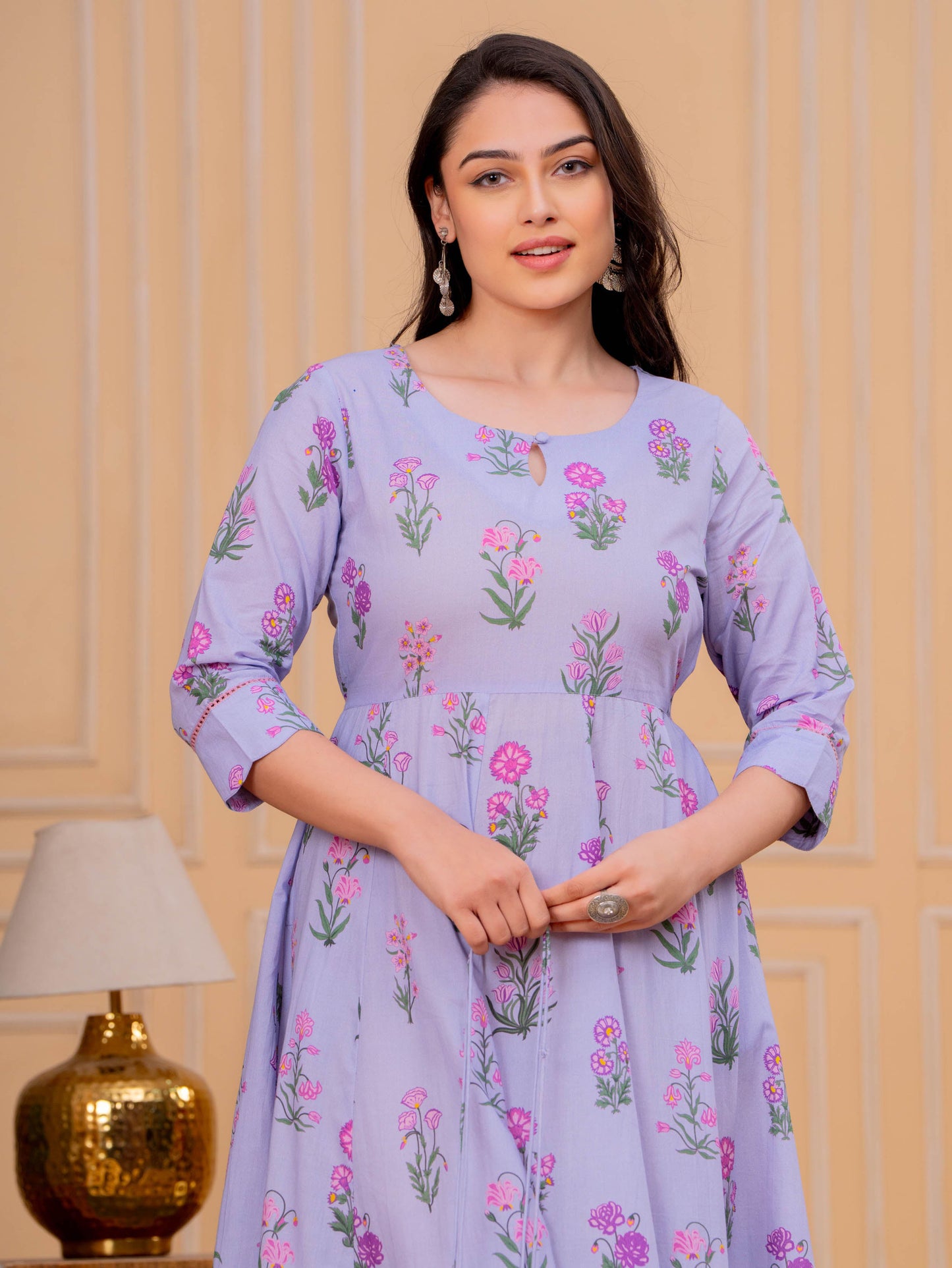 Soft Cotton Floral Anarkali Violet Dress