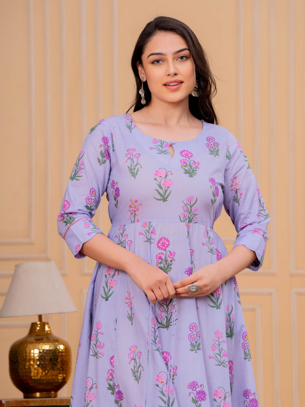 Soft Cotton Floral Anarkali Violet Dress