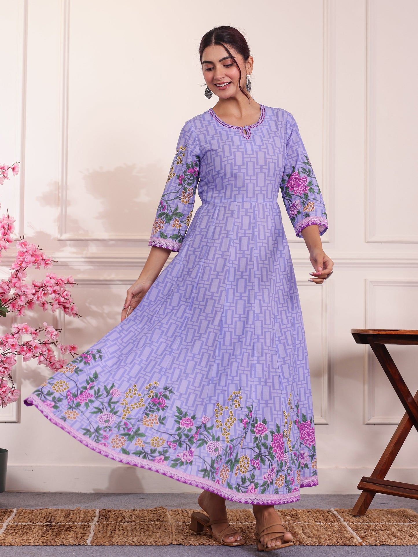 Embroidered Soft Cotton Placement Print Anarkali Lavender Dress