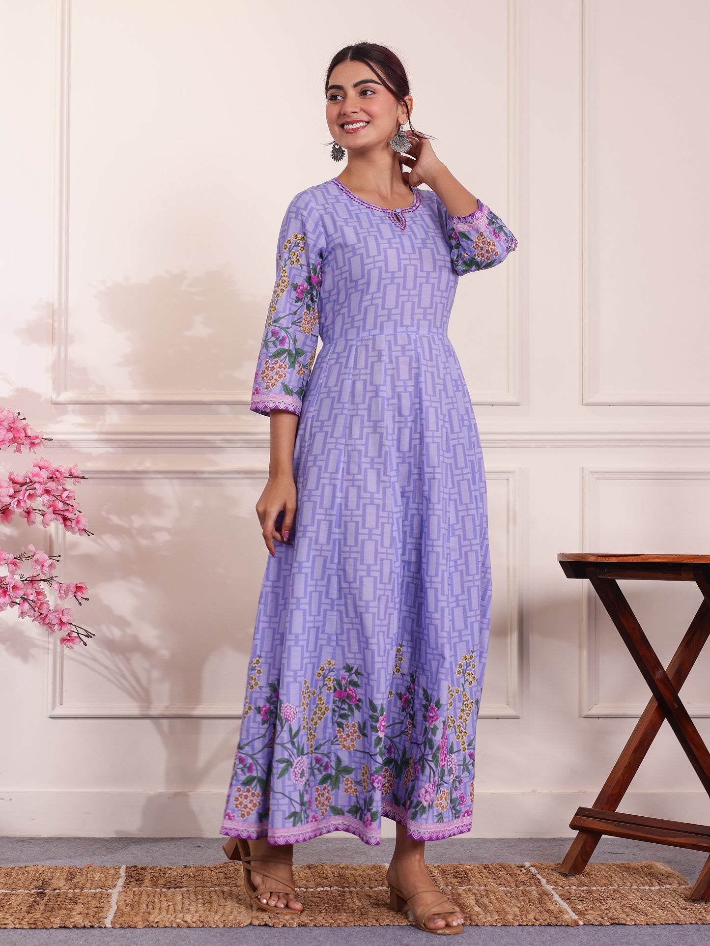 Embroidered Soft Cotton Placement Print Anarkali Lavender Dress