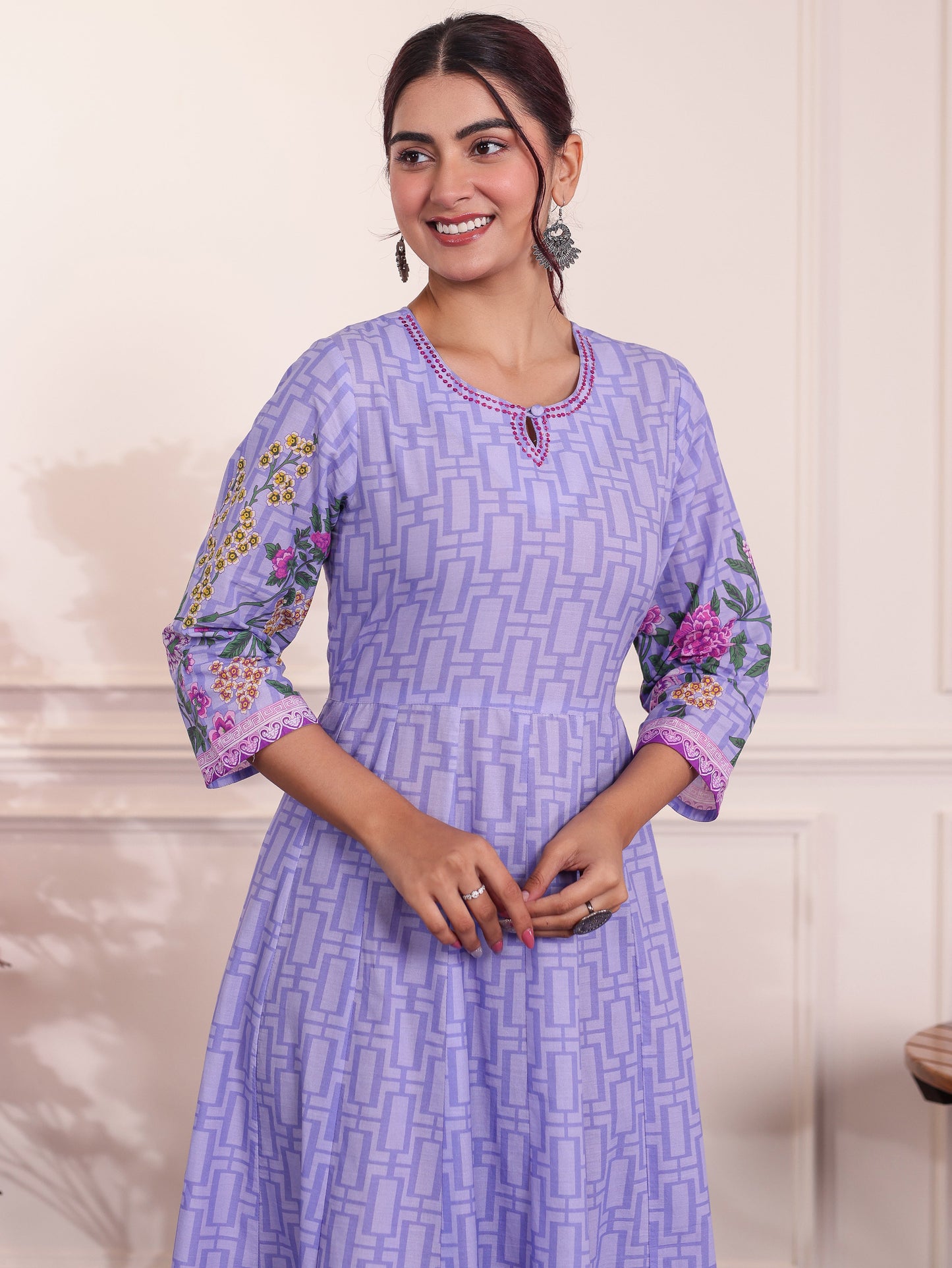 Embroidered Soft Cotton Placement Print Anarkali Lavender Dress