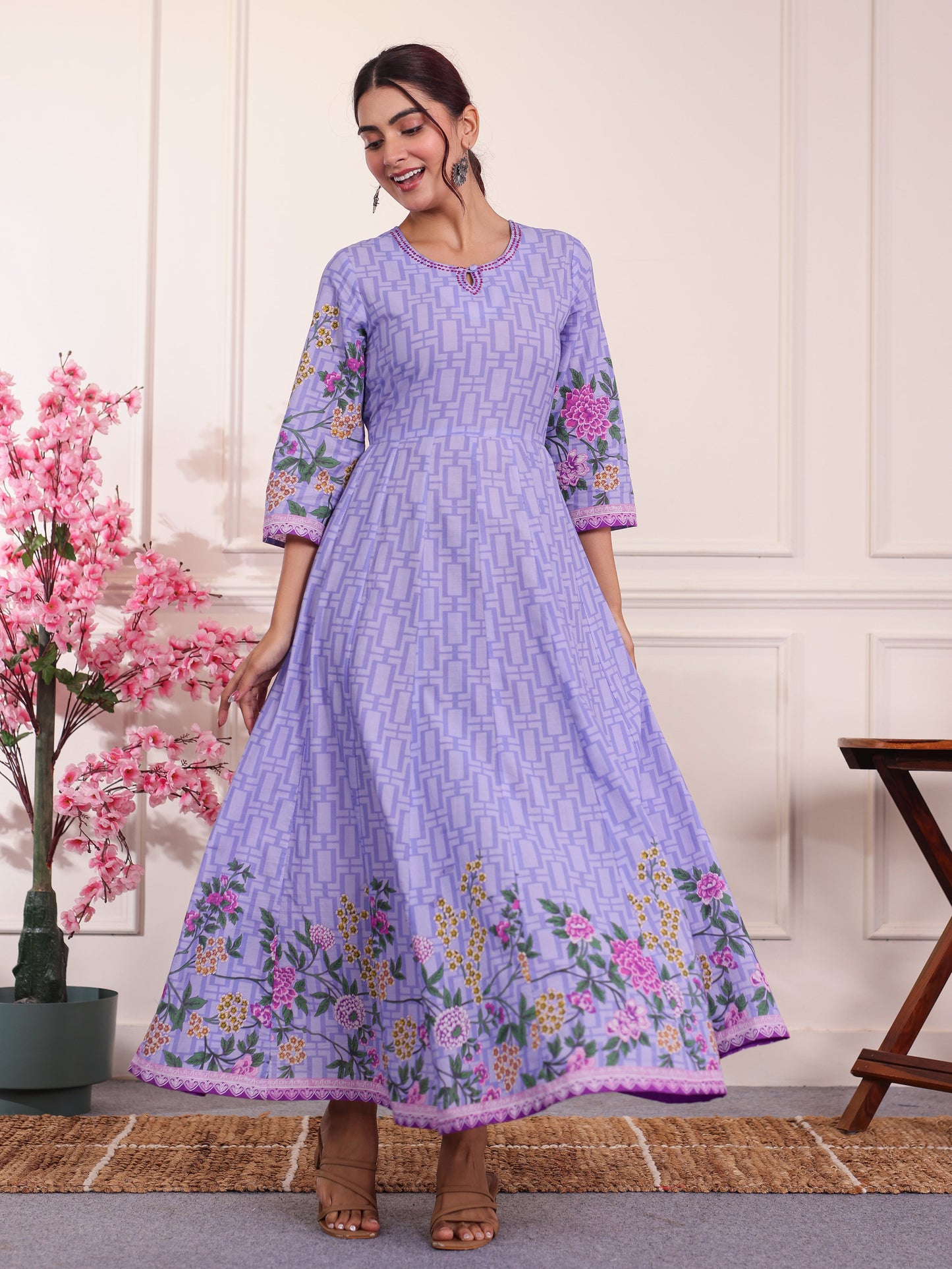 Embroidered Soft Cotton Placement Print Anarkali Lavender Dress
