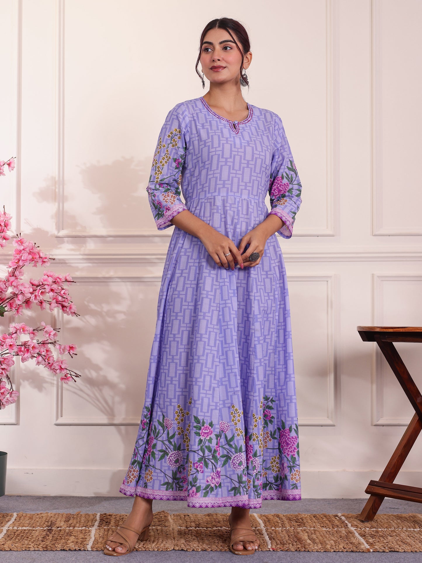 Embroidered Soft Cotton Placement Print Anarkali Lavender Dress