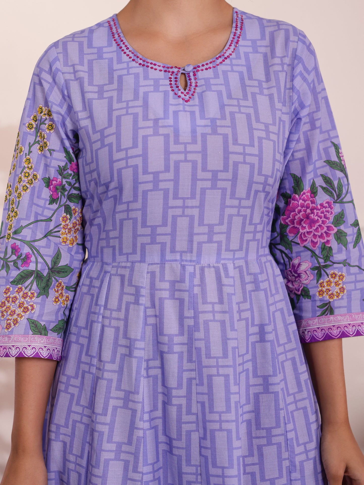 Embroidered Soft Cotton Placement Print Anarkali Lavender Dress